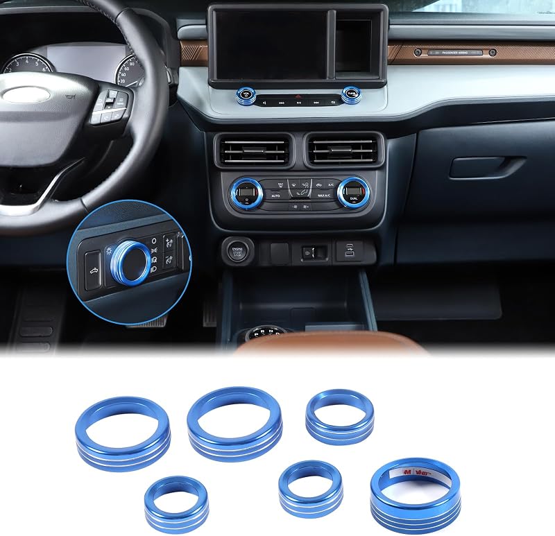 Kit de anéis de proteção para manoplas e botões do console Ford Maverick 2022–2024 Aunginsy azul, alumínio, 6 peças