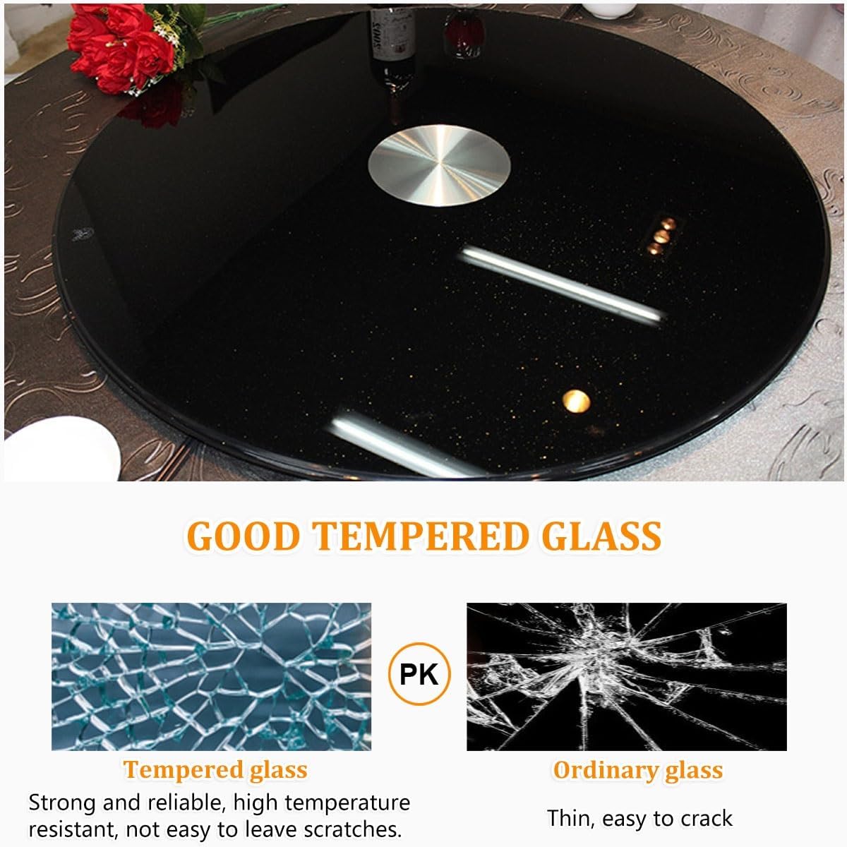 24 28 32 36 40 43inch Kitchen Rotating Tray, Large Tempered Glass Lazy Susan Turntable, Round Tempered Glass Table top Black, 360° Swivel Revolving Plate, Smooth Stable, Turns Smoothly for Table Top(6