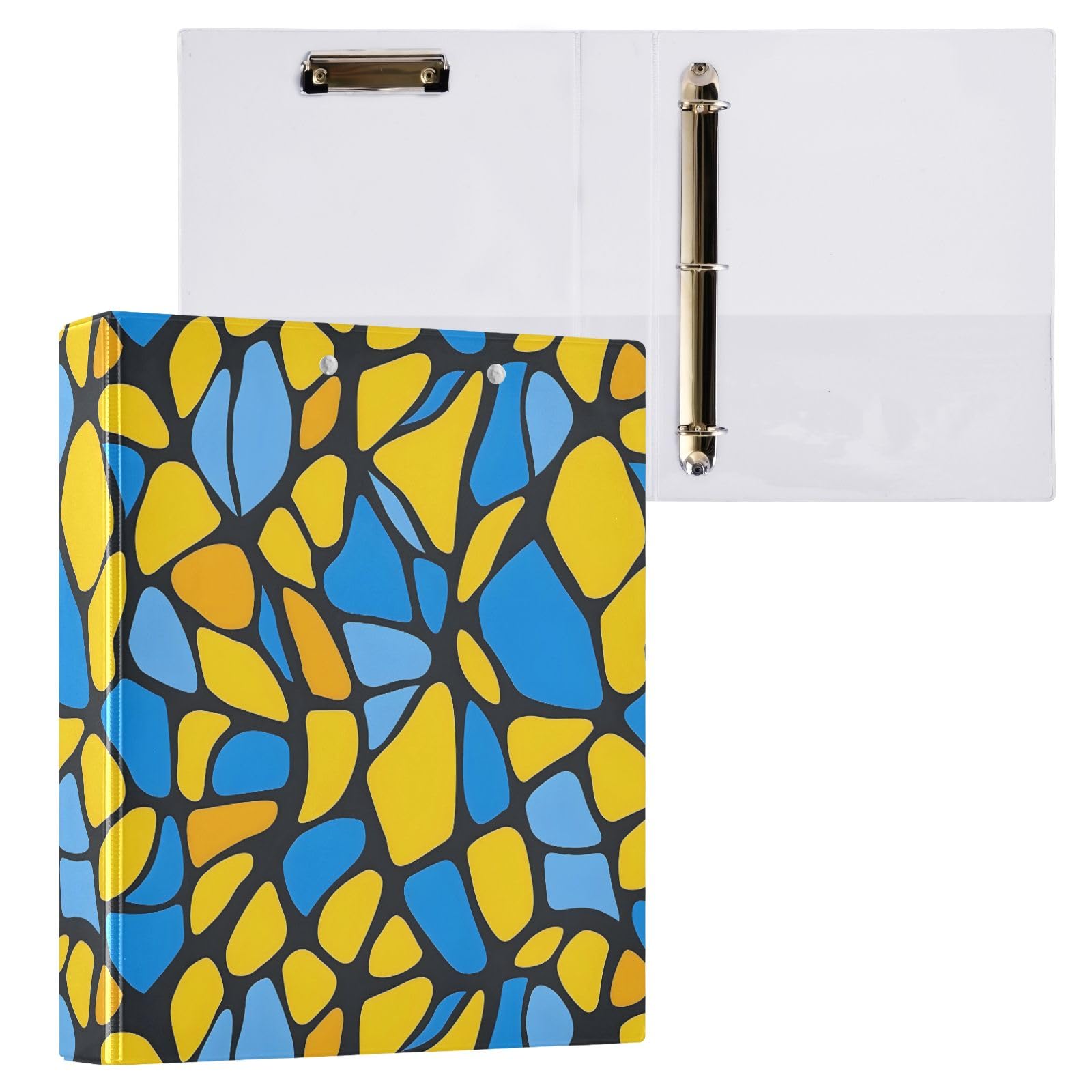 Raccoglitore a 3 anelli, con stampa a blocchi blu e gialli, 3,8 cm, contiene 200 fogli con 3 tasche interne trasparenti in PVC, per scuola e ufficio