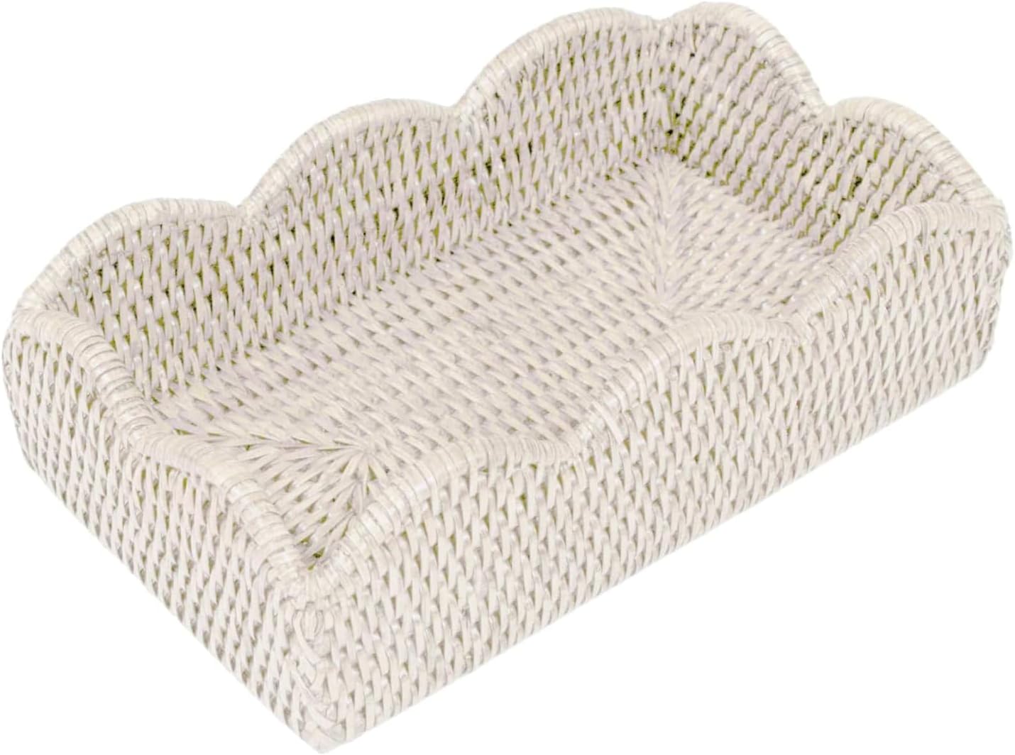 Caspari Rattan Scalloped Luncheon Napkin Holder in Cream – Handwoven Rattan, Rustic Tabletop Organizer for 6.5"–7" Napkins, 7.5"W x 7.5"L x 2.5"H, 1 Count