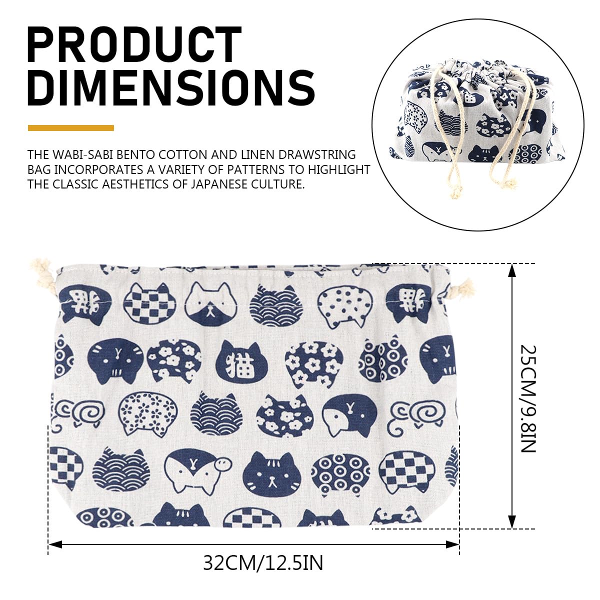 DOERDO Lunch Tote Bag Lunch Handy Bags Japanese Style Portable Bento Storage Bag with Drawstring for Outdoor Office White - Image 2