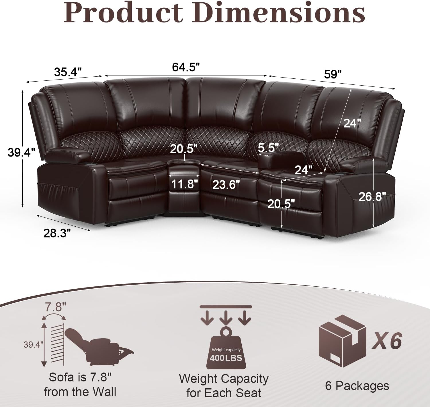 4-Seat Manual Reclining Sectional Sofa Brown Leather USB Charging Thick Padding Sturdy Frame