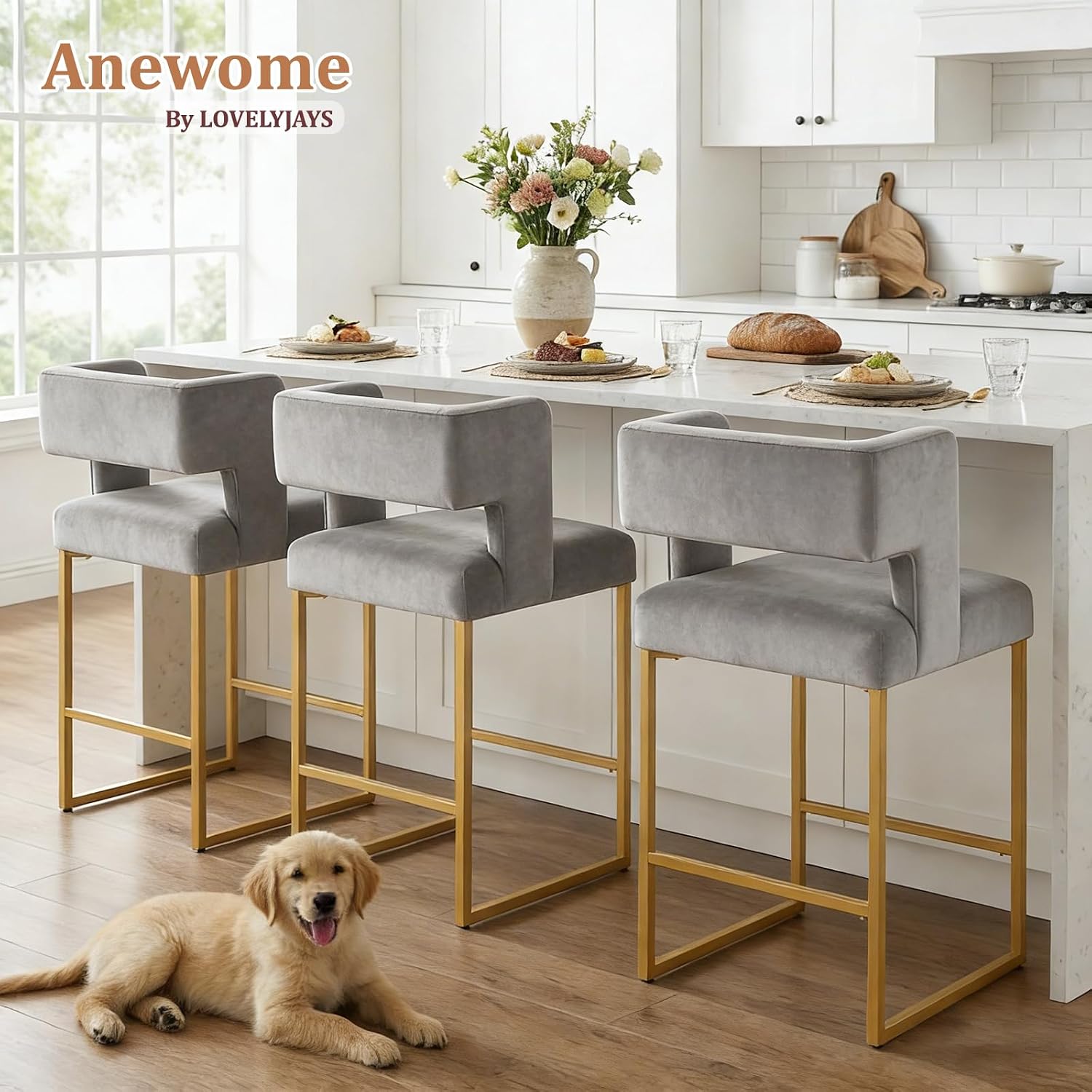 26" H Bar Stools Set of 4 with Back, Velvet Fabric Counter Height Stools with Footrest, Square Metal Frame, Modern Upholstered Bar Chairs for Kitchen Island/Dining Room, Grey & Gold Legs