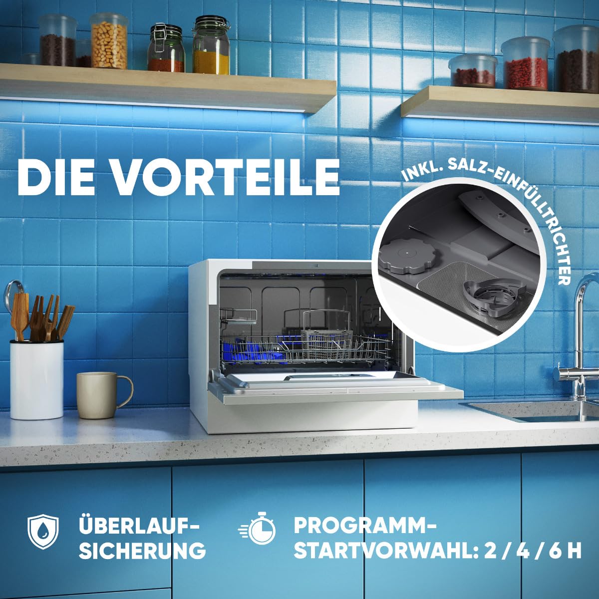 Bomann TSG 7405 Mini Geschirrspüler mit Wasseranschluss leise Tisch Spülmaschine weiß