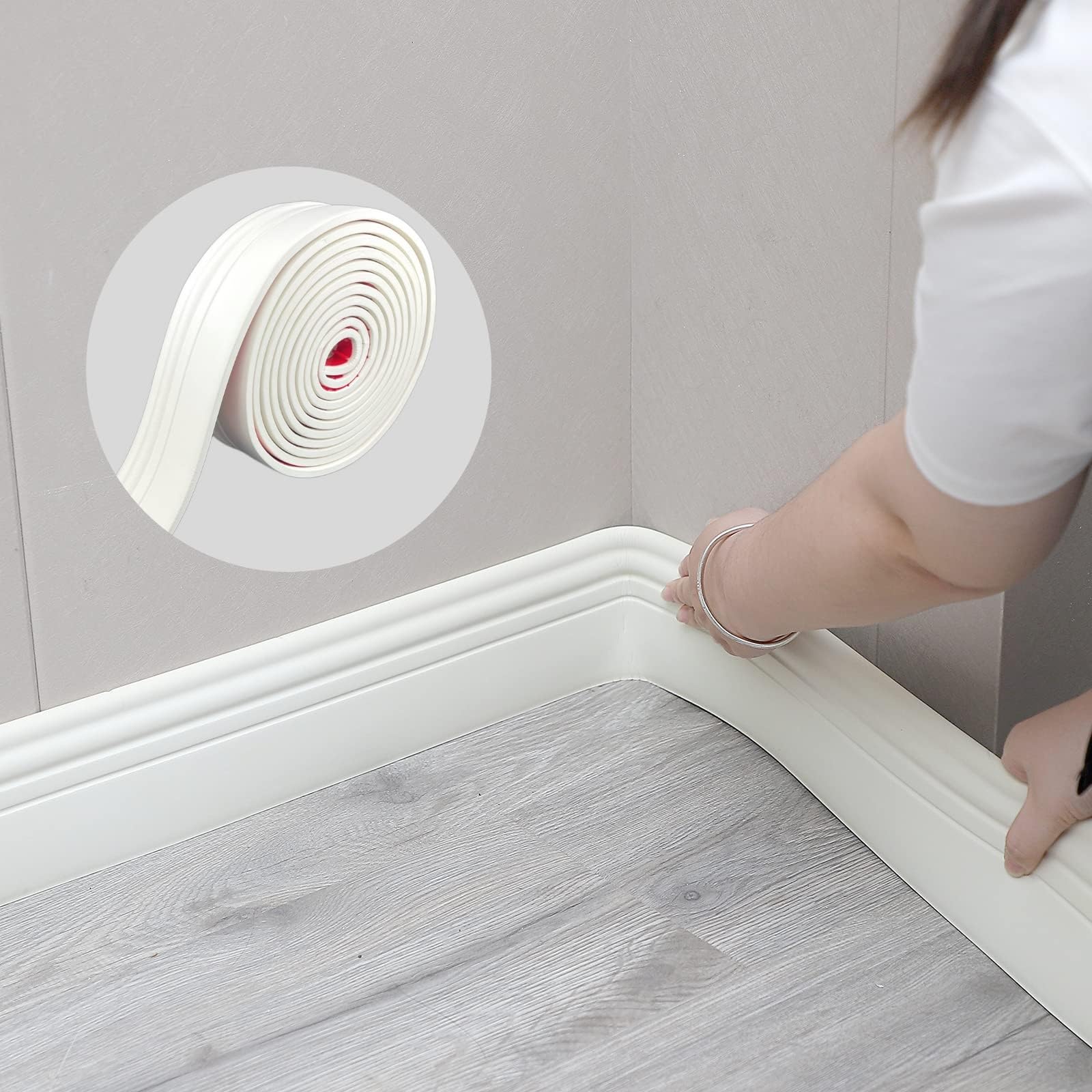 FRZXBKW 5M/10M PVC Skirting Board Trim Self-Adhesive, 4"/5" Flexible Skirting Boards Covers,Peel and Stick Rubber Wall Base Moulding Trim for Countertops,Tile Waistline Trims