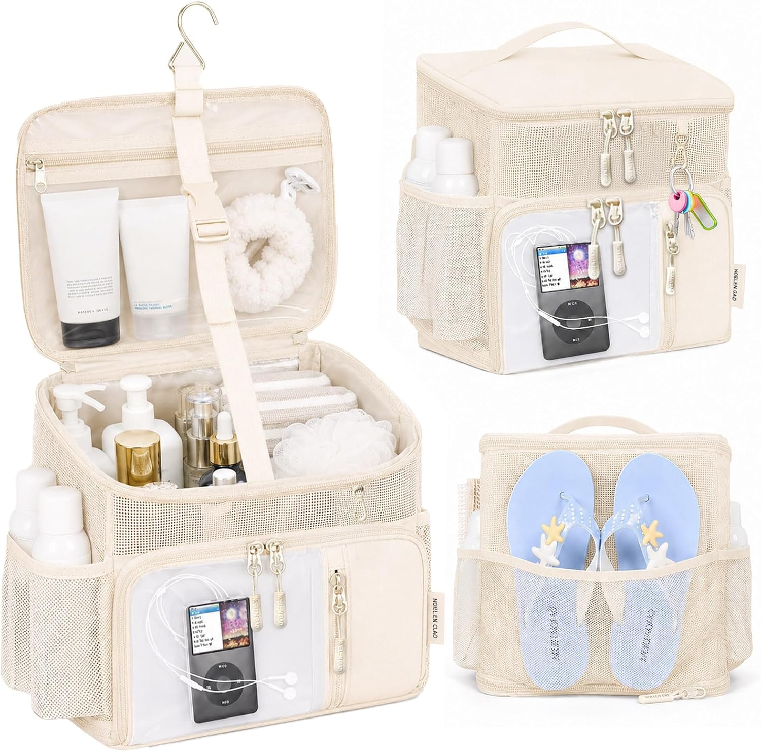 Shower Caddy Portable,Mesh Shower Tote for Bathroom, Gym, Travel, Bath Camping - Quick Dry Hanging Organizer Toiletry Bag with Handle for College Dorm Room, Men & Women (Beige)