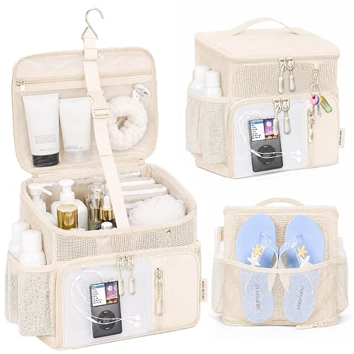 Noelen Gad Shower Caddy Portable,Mesh Shower Tote for Bathroom, Gym, Travel, Bath Camping - Quick Dry Hanging Organizer Toiletry Bag with Handle for College Dorm Room, Men & Women (Beige)