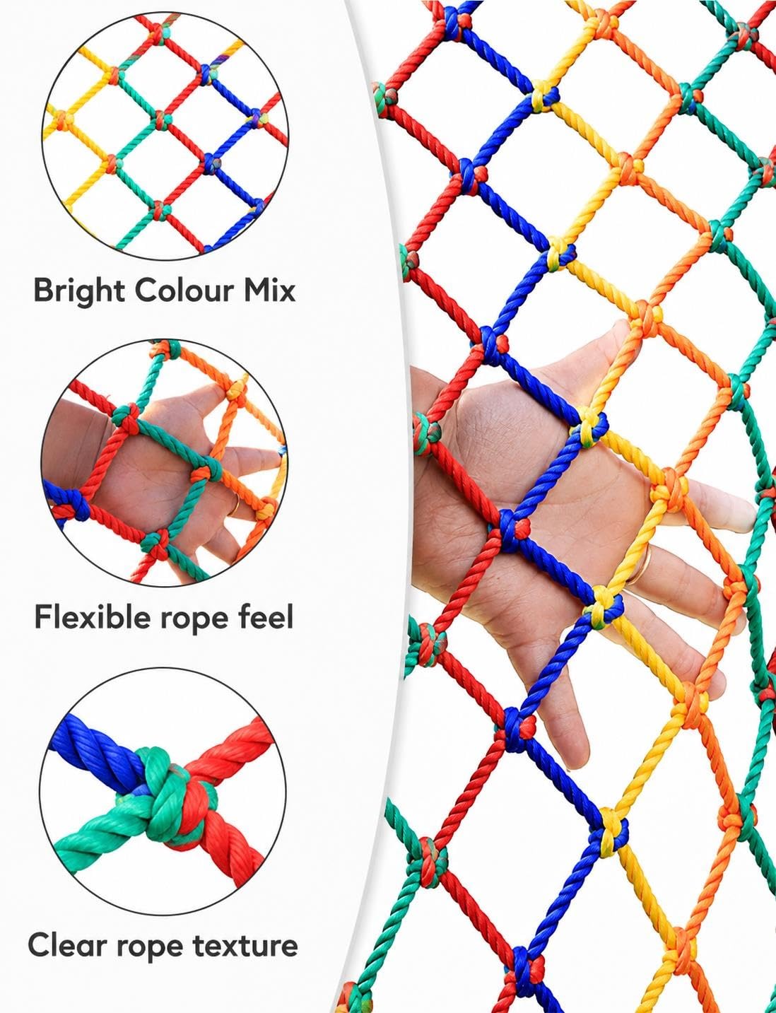 Buntes Kletternetz 10 mm, Outdoor-Seilnetz für Treppe und Terrasse | 10 mm geflochtenes Nylon; faltbares Design; Öffnungsgrößen 10 x 10 cm/5 x 5 cm(5x5cm hole,1.2x4meter)