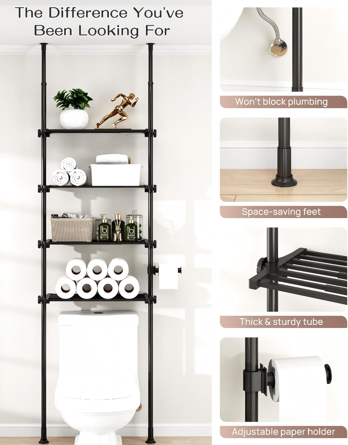 ALLZONE Adjustable Over The Toilet Storage Shelf, 4-Tier Ample Bathroom Organizer and Storage, Tension Mounted Above Toilet Storages Cabinet for Versatility, Fits 66-113 Inch Heights, Matte Black