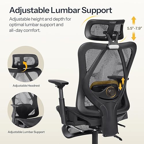 Miniatura 7 de HOOBRO Silla de Oficina Ergonómica, Silla de Escritorio de Computadora de Oficina con Reposapiés, Respaldo con Soporte Lumbar Reposabrazos 3D