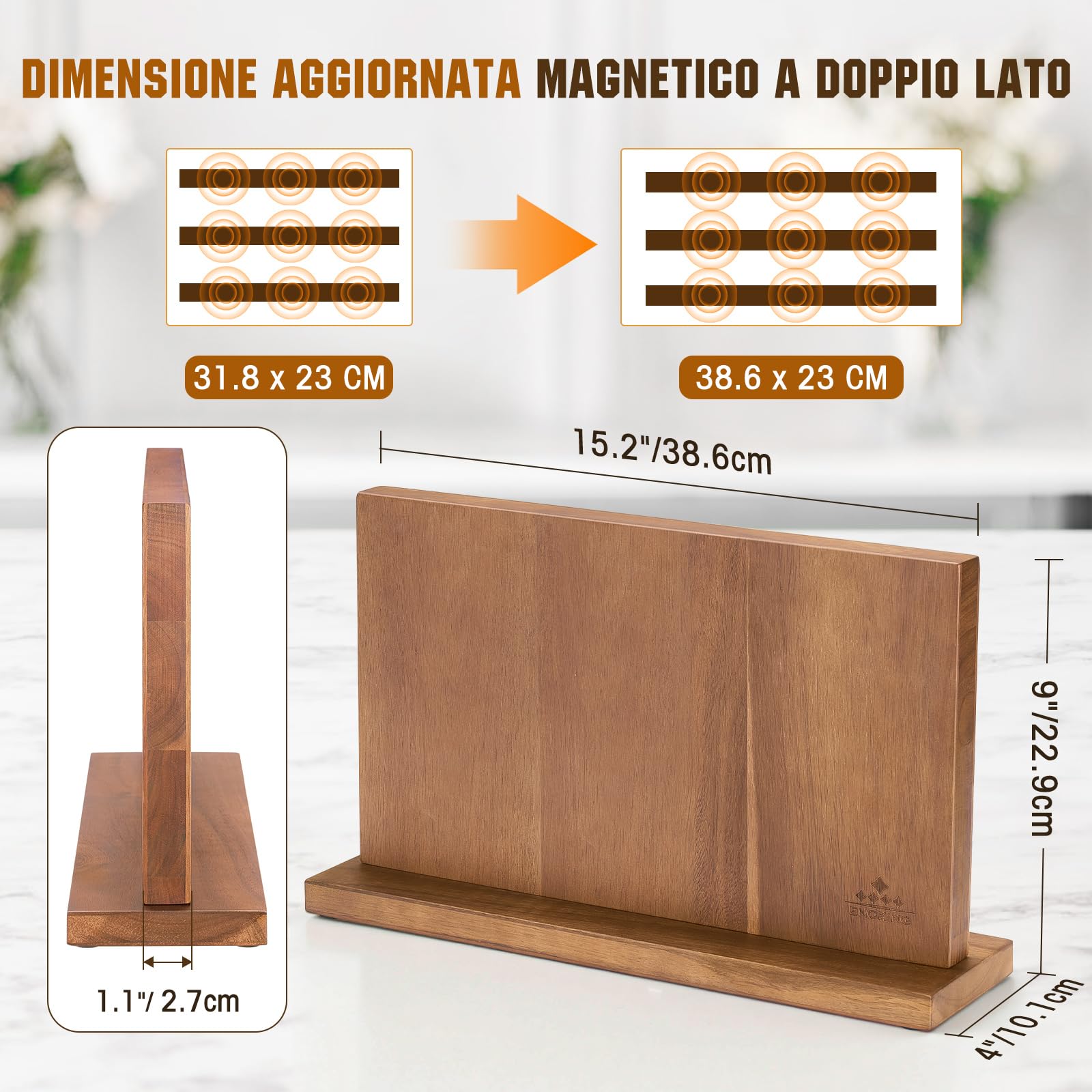ENOKING Grand Porta Coltelli Cucina 38,6 x 23 cm, Portacoltelli da Cucina Doppio Lato Magnetico, Ceppo Coltelli da Cucina Vuoto, Ceppo Portacoltelli Premium Magnetico Senza Coltelli - Acacia