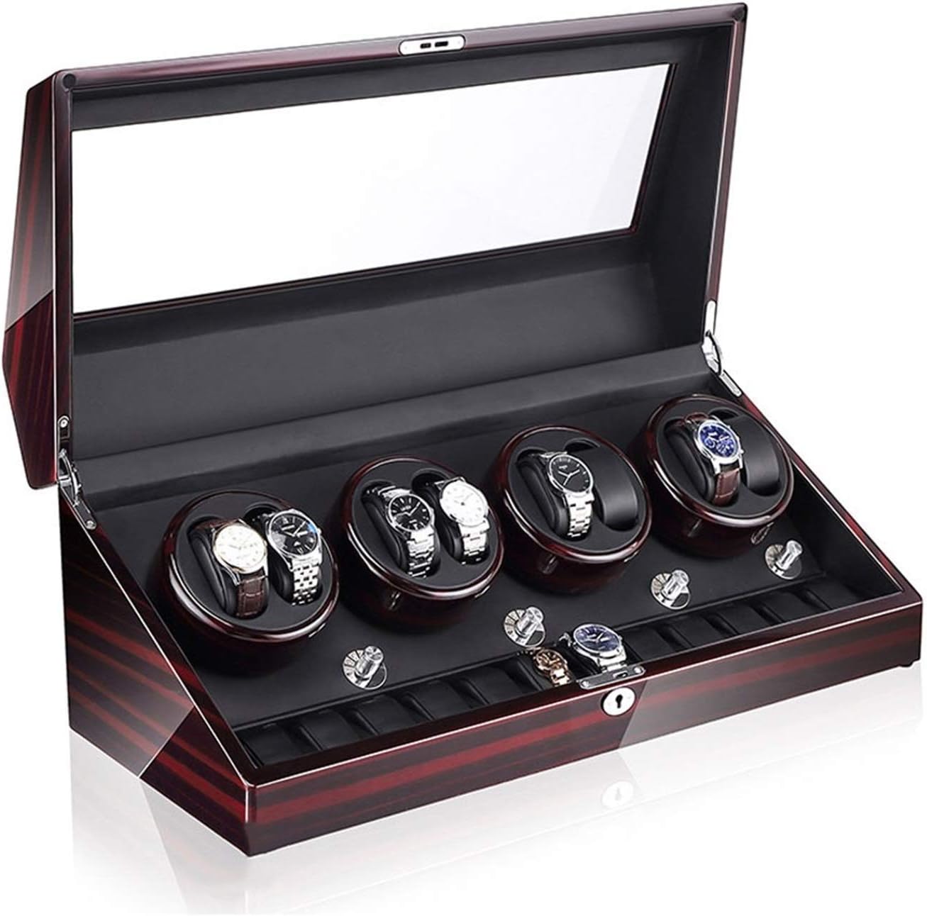木製自動巻き時計ボックス、5回転、日本製モーター、ほとんどの機械式時計の回転に適合、8 + 12時の収納ボックス用