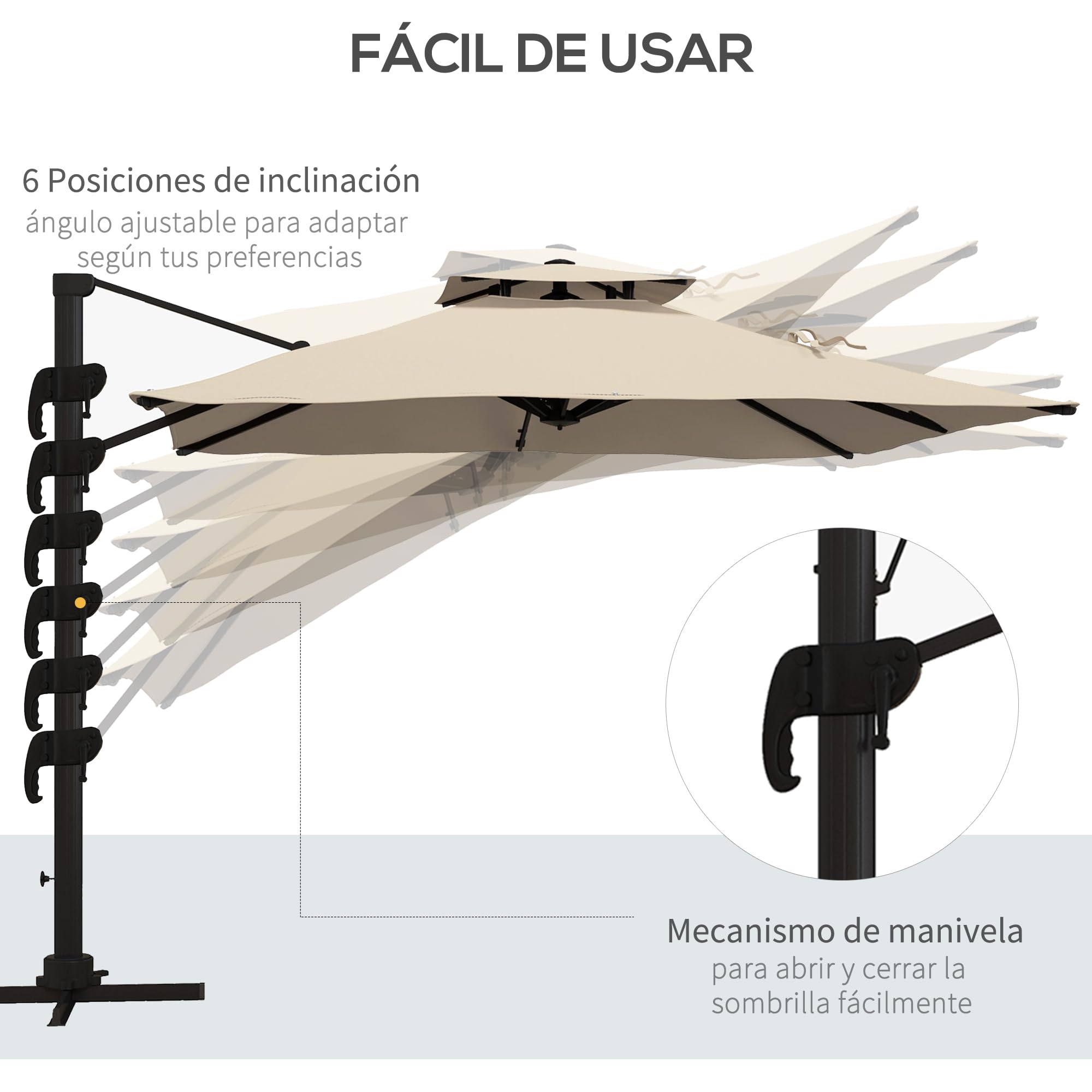 Outsunny Sombrilla de Terraza Exterior 300x300 cm de Aluminio Caqui | Con Manivela, Poste Giratorio 360°, Doble Techo, Inclinable en 6 Posiciones, Base Cruzada Incluida