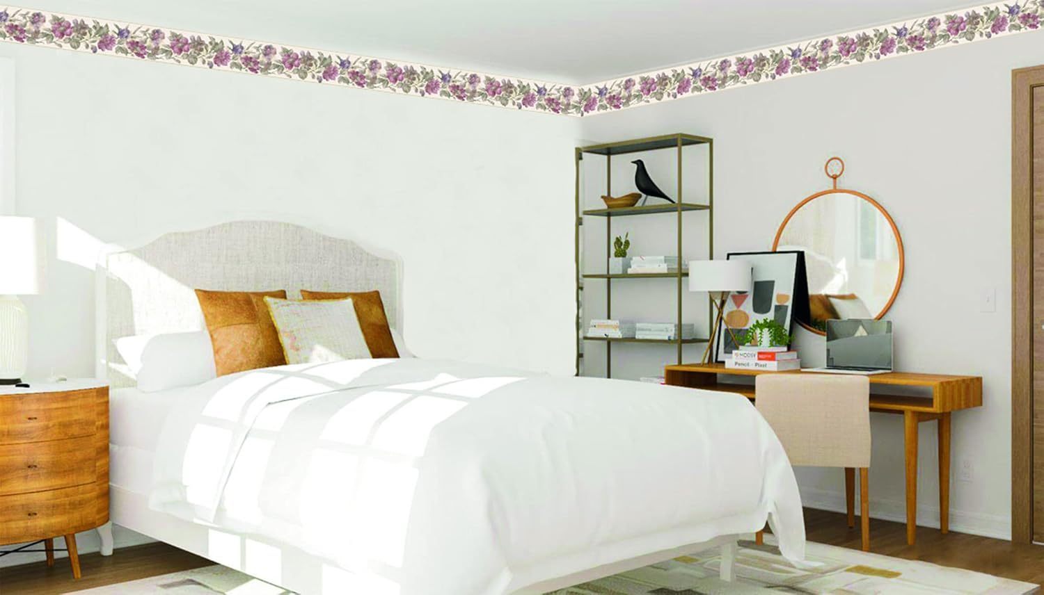 Dundee Deco Wallpaper Border Peel and Stick DDAZBD9196 Floral Pink Purple Green Flowers on Vines Wall Border Retro Design, 15 ft x 7 in (4.57m x 17.78cm), Self Adhesive