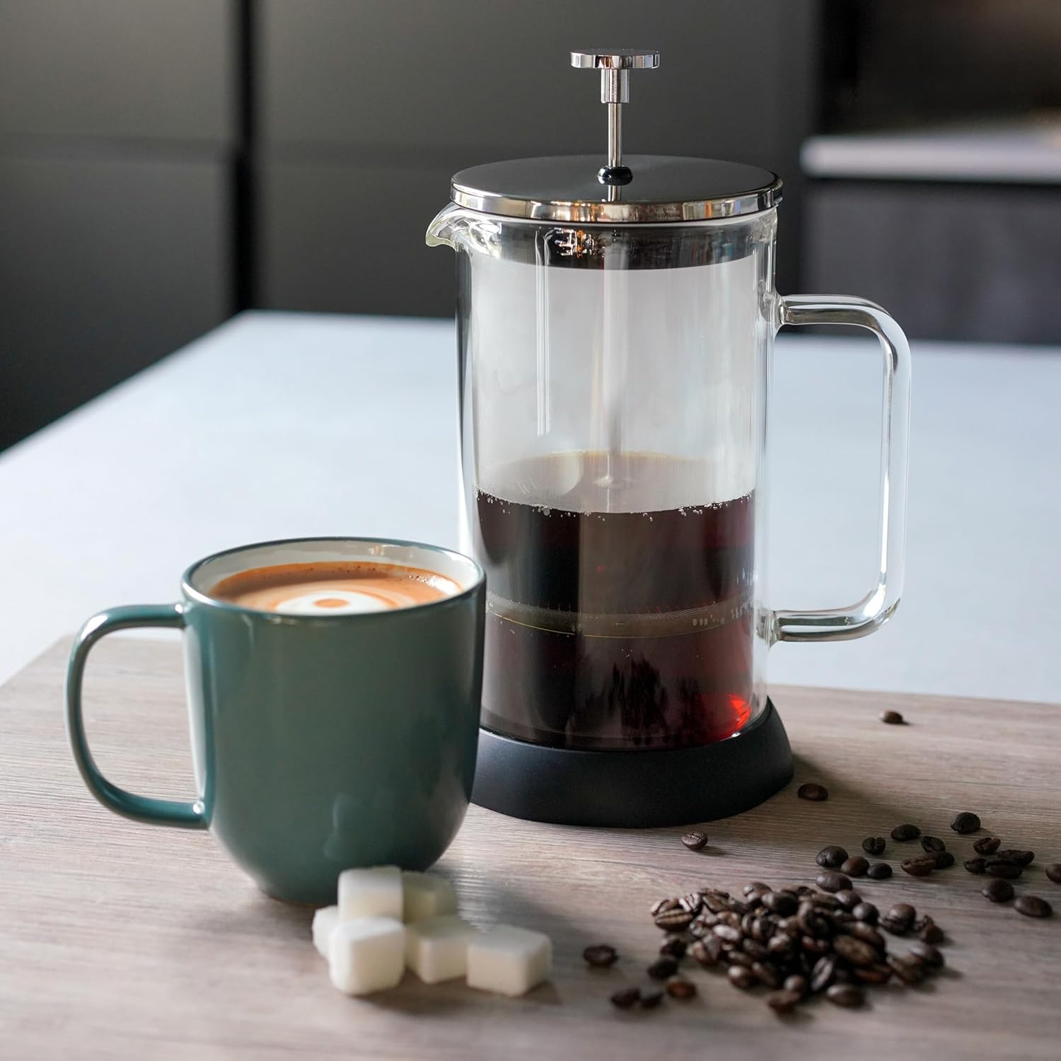Café Olé Doppio Double Walled Glass Cafetiere, French Press, Silicone Non-Slip Base, 6 Espresso Cup/ 800ml, Black