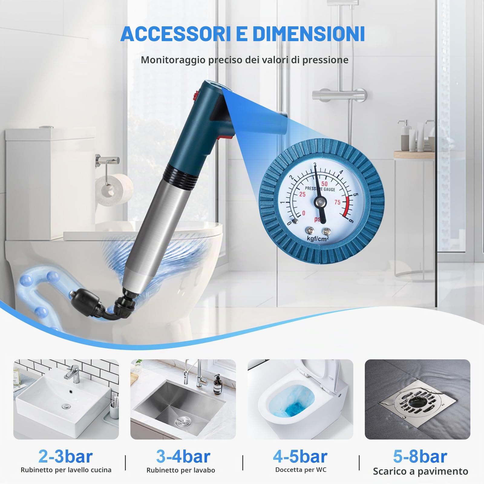 Potente sbocco per WC elettrico con testa girevole a 360°, pompa sbocchi con 3 teste sostituibili, sboccatore a pompa per sbloccare WC vasche da bagno lavelli e canalisatio