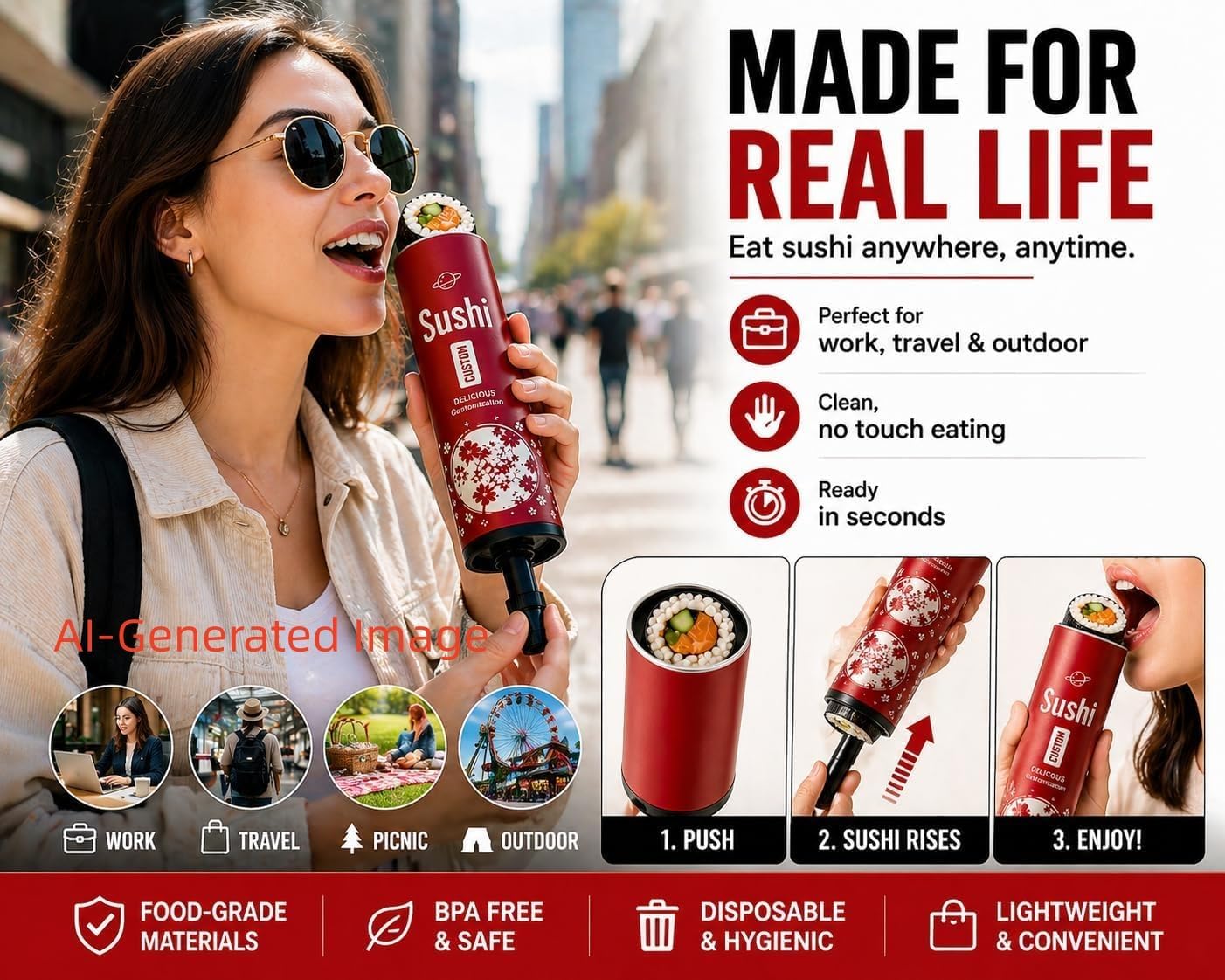 Portable Sushi Tube, Push-Up Sushi Container, No Hands Sushi Eating, On-the-Go Sushi Roll Holder with Sauce Tube for Travel, Party & Takeout (12 Pack)