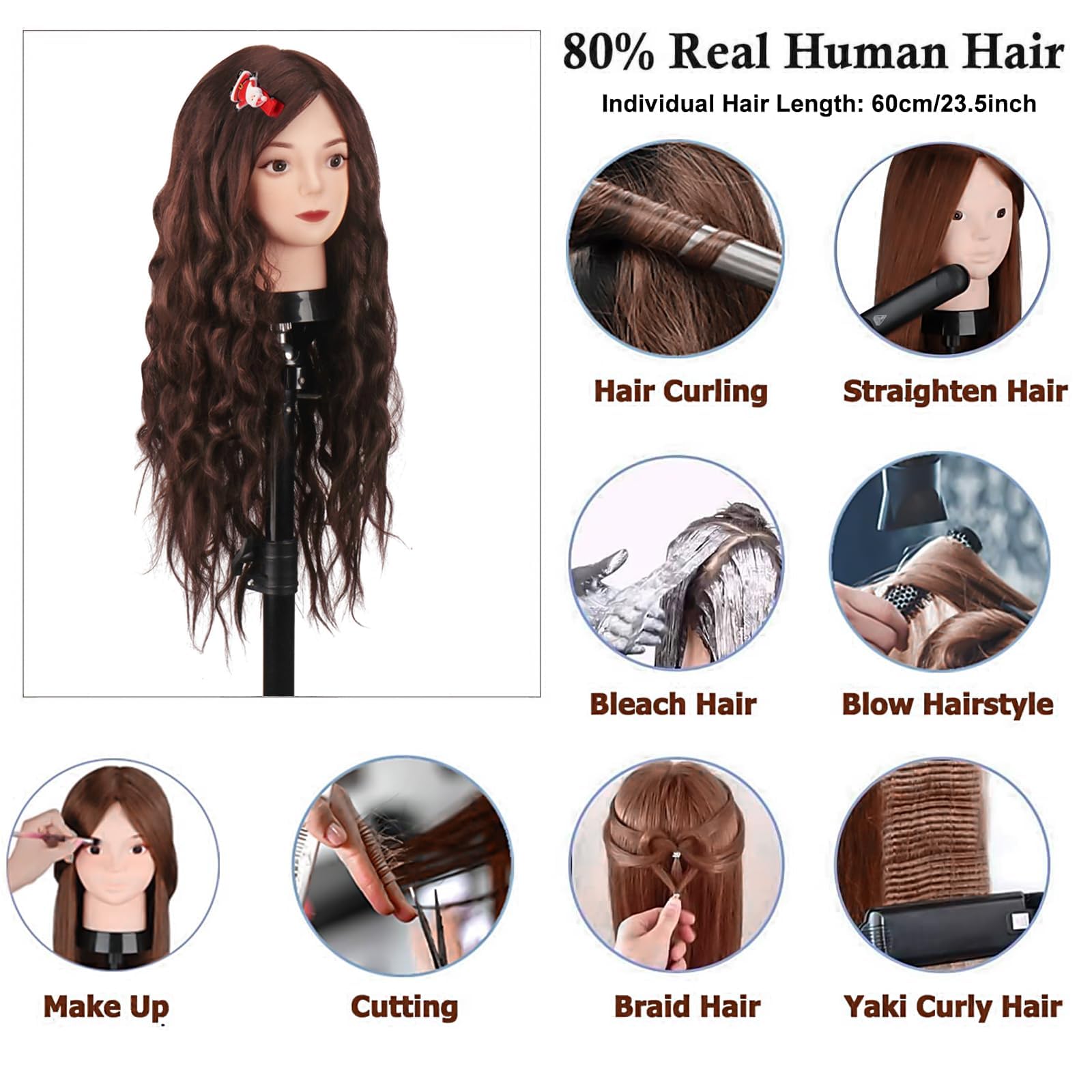 TopDirect Tête de mannequin 80 % cheveux naturels pour coiffure, marron
