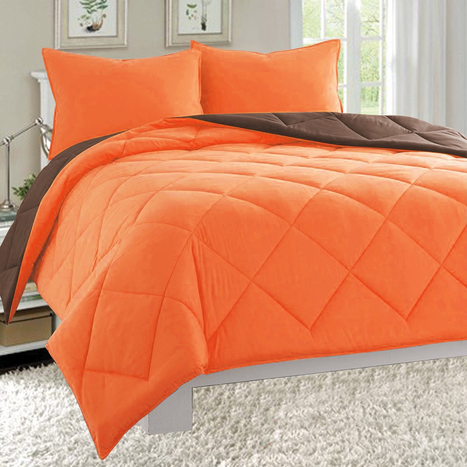 Parure de lit réversible bicolore orange chocolat en duvet léger pour lit double