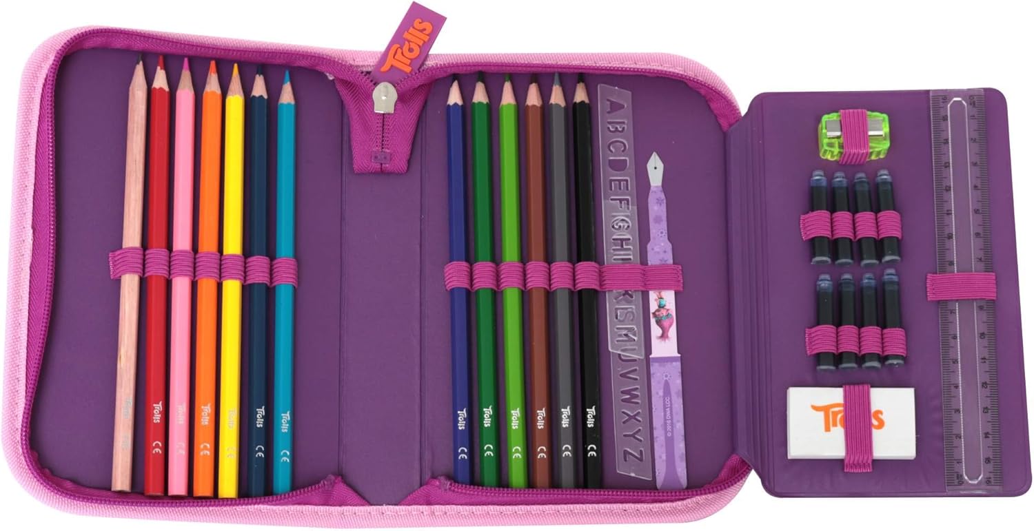 Stylex 51102 Schüleretui mit 27 Teilen Pencil case, Trolls Design, 13,5 x 19,6 x 3,5 cm