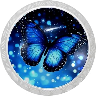 4 Pack Kitchen Cabinets Knobs Crystal Glass Drawer Knobs, Blue Butterfly Mushroom Shape Cabinets Handle Pulls for Dresser Cupboard Wardrobe Door