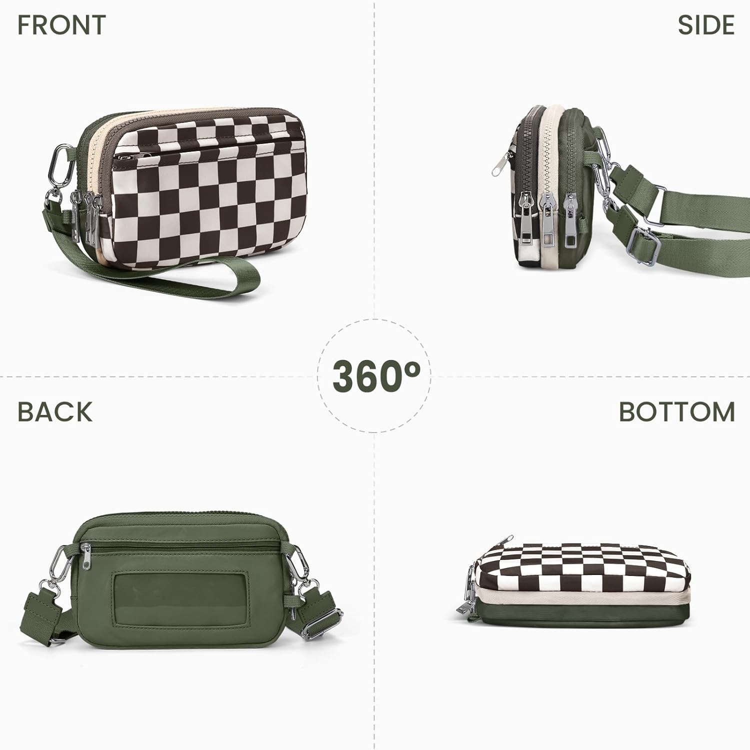 Checkered Wristlet Wallet for Women Tri-tone Cute Nylon Wristlet Purse with 5 zippers and ID Window Credit Card Holder - Image 6