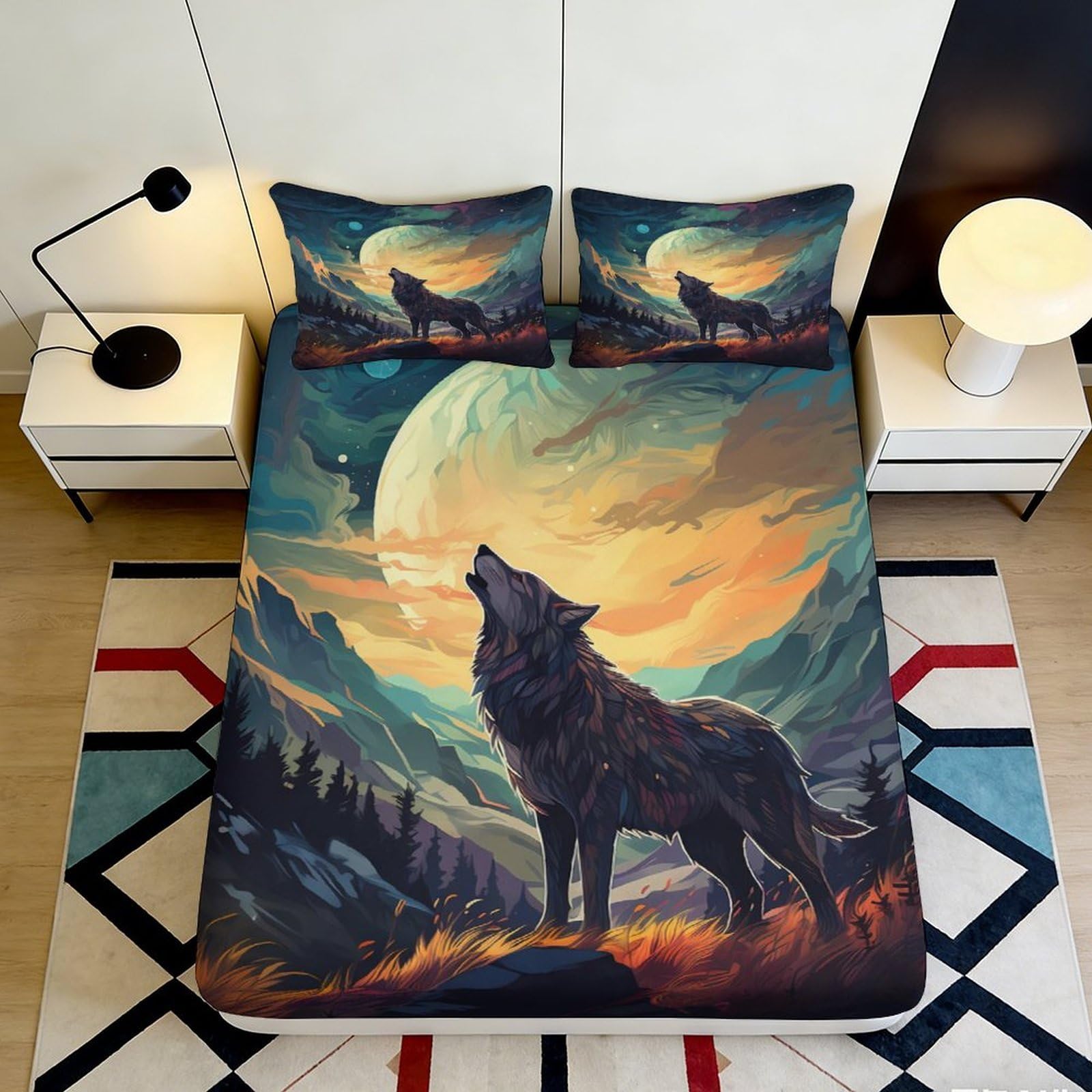3D Printed Howling Wolf Moon Fitted Sheet Microfiber Soft Breathable Mountain Night Bed Cover for Bedroom Decor 180x200x25cm