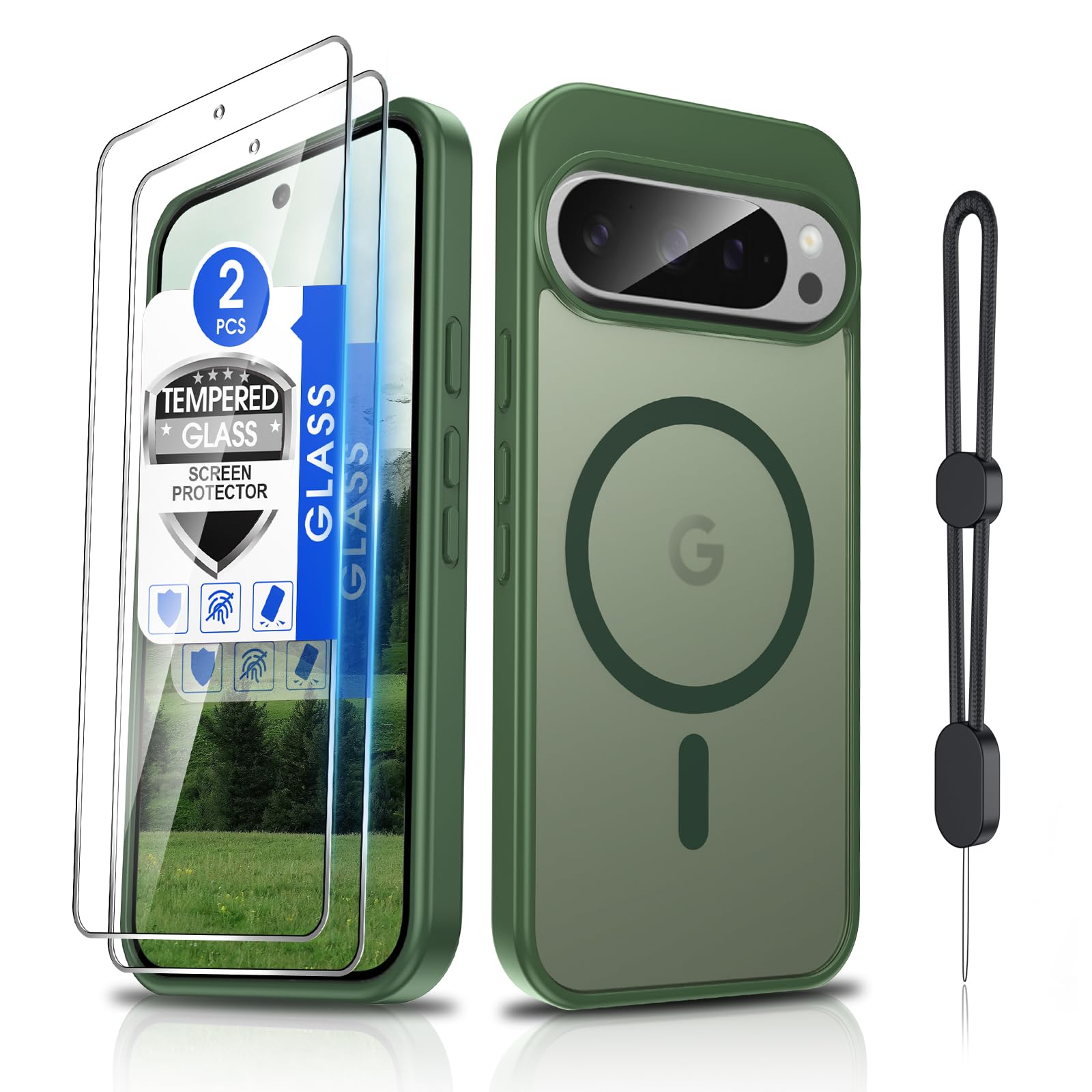 Dizn for Google Pixel 9/Pixel 9 Pro Cover,[Not Fit Pixel 9 Pro XL],with Tempered Glass Screen Protector,Lanyard,Compatible with MagSafe,Matte Shockproof,Funda para Protective Pixel 9/9Pro,Green