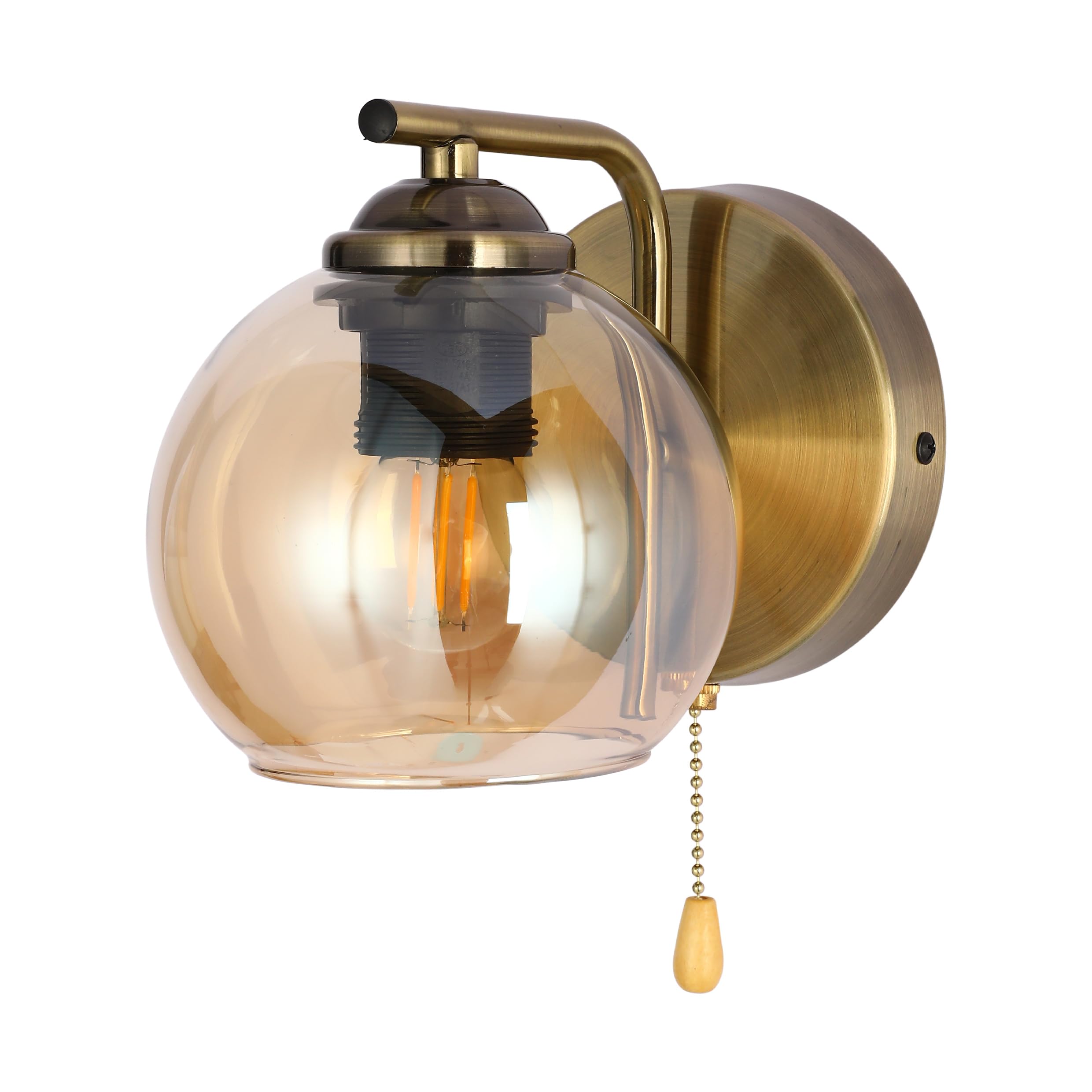 Tekled Antique Brass - Amber Myhome L-Shape Dome Glass Wall Light | E27 Fitting And Pull Down Switch | For Bedrooms Living Rooms Study Rooms Cafes Bars Restaurants | (Bulb Not Included)