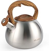 Vista 1 de BELANKO Hervidor de té de 2.7 cuartos de galón para estufas, tetera de acero inoxidable de grado alimenticio con silbato fuerte, mango de madera