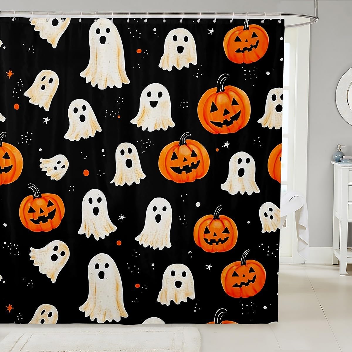 jejeloiu Halloween Bath Curtain 72"x78" Kids Pumpkin Shower Curtain for Bathroom Decor for Boys Girls Teens Cute Ghosts Bathroom Accessories Black Waterproof Polyester
