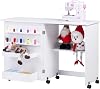 Folding Sewing Table, Multipurpose Sewing Machine Table with Compact Design, Wheels, Shelves, Bins, Pegs, Magnetic Locks (White)
