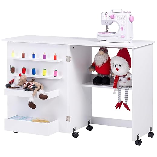 Vividwood Folding Sewing Table, Multipurpose Sewing Machine Table with Compact Design, Wheels, Shelves, Bins, Pegs, Magnetic Locks (White)