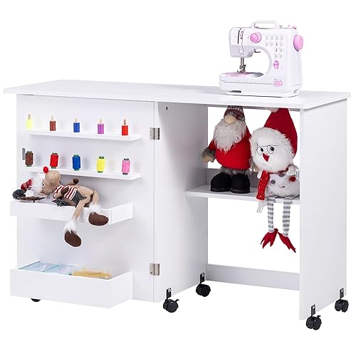 Vividwood Folding Sewing Table, Multipurpose Sewing Machine Table with Compact Design, Wheels, Shelves, Bins, Pegs, Magnetic Locks (White) - Small - White