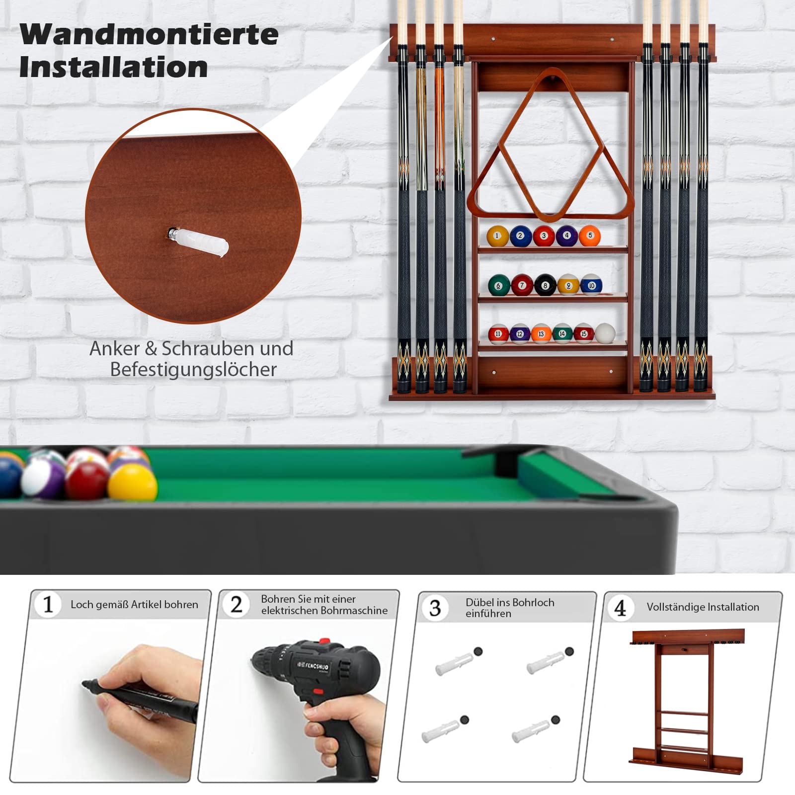 COSTWAY Billard Queue Halter Wandmontage, Wandqueuehalter für 8 Queues, 15 Billardkugeln und 1 Ballständer, aus Kiefernholz (Braun)