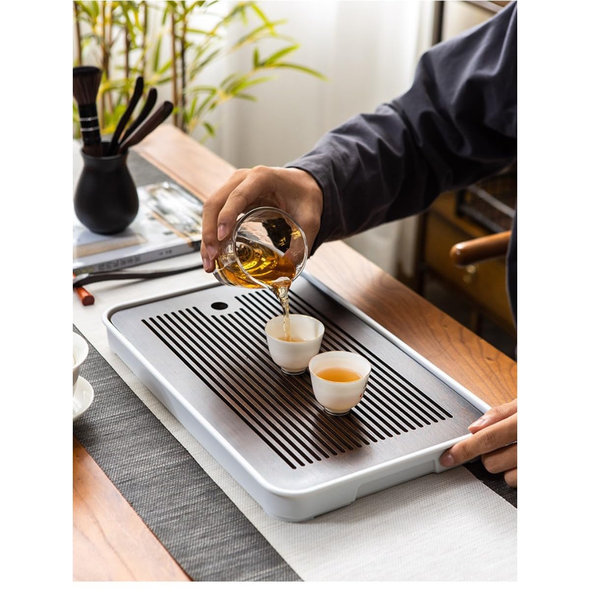 Amazon.co.jp: Figoday 竹製 茶盤 セット 小型 卓上 排水式 茶道具