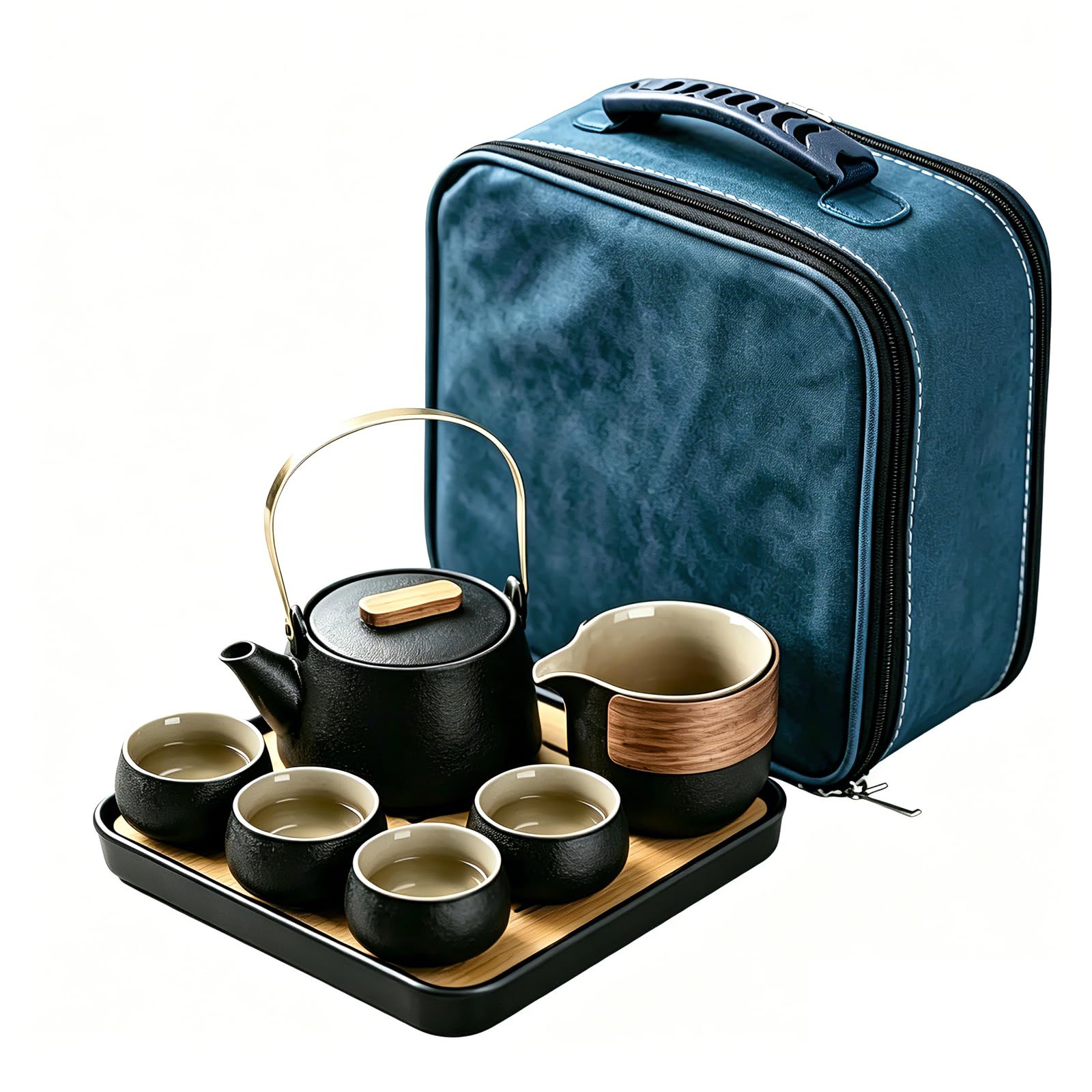 Juego de té de viaje portátil en cerámica negra mate para camping y oficina