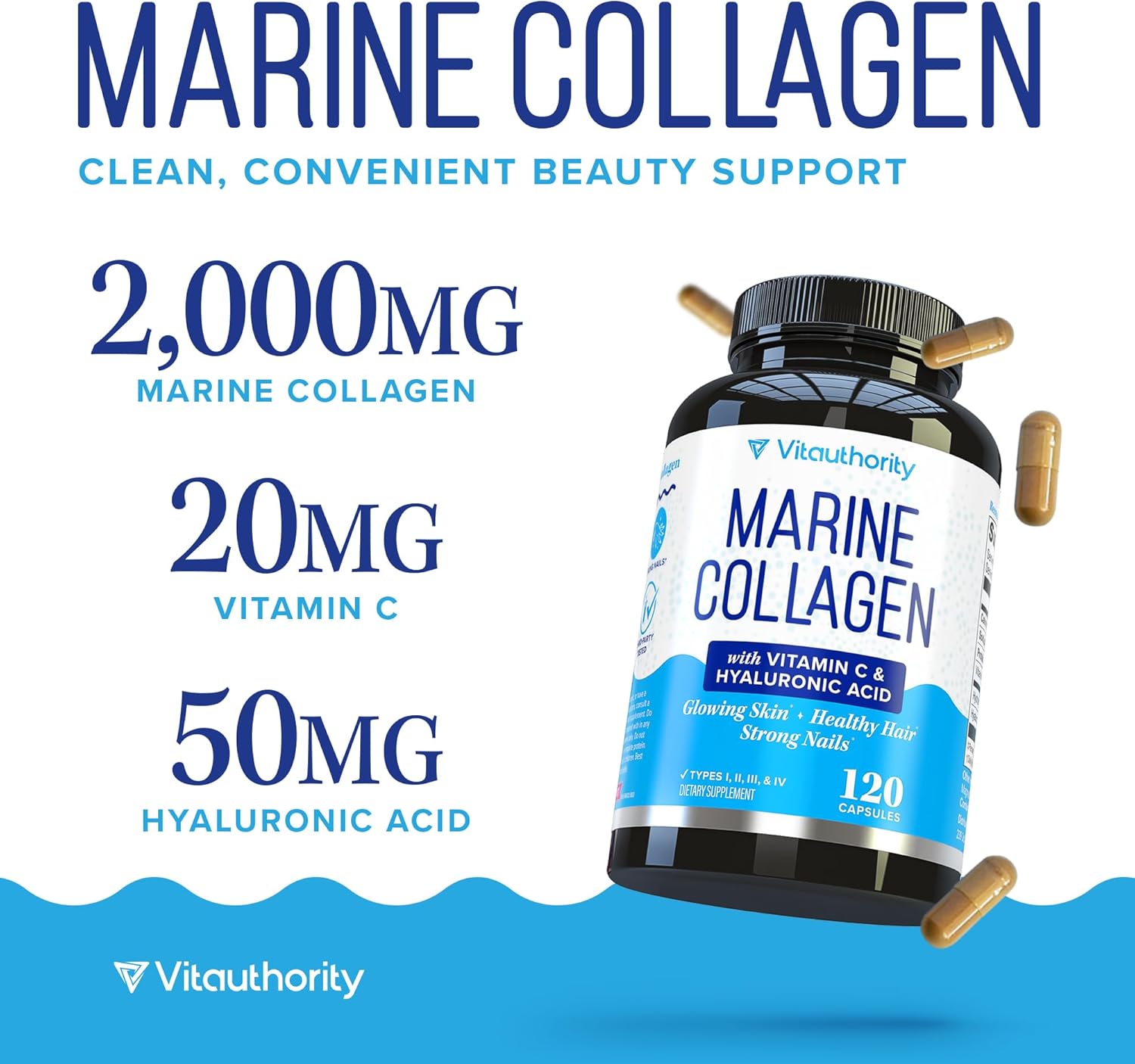 Marine Collagen Capsules Hyaluronic Acid & Vitamin C | 2,000mg Hydrolyzed Fish Collagen Peptides per Serving | Skin Elasticity, Hydration, Hair, Nail & Joint Support | Pescatarian-Friendly 30 Servings - Image 4