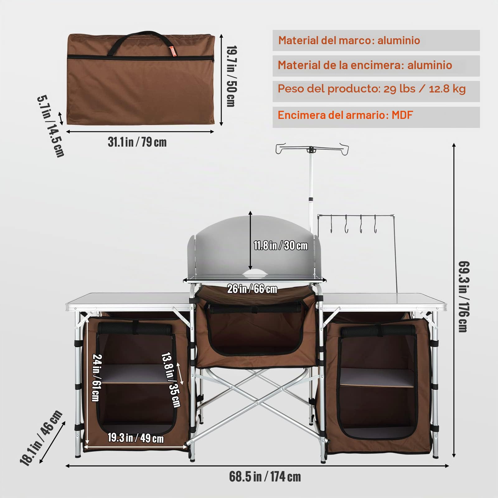 VEVOR Mueble de Cocina para Camping 174x176x46 cm Armario de Camping Plegable Portátil Estructura de Aluminio Altura Ajustable Mesa de cocina para acampar con Bolsa de Transporte para Barbacoa Pícnic