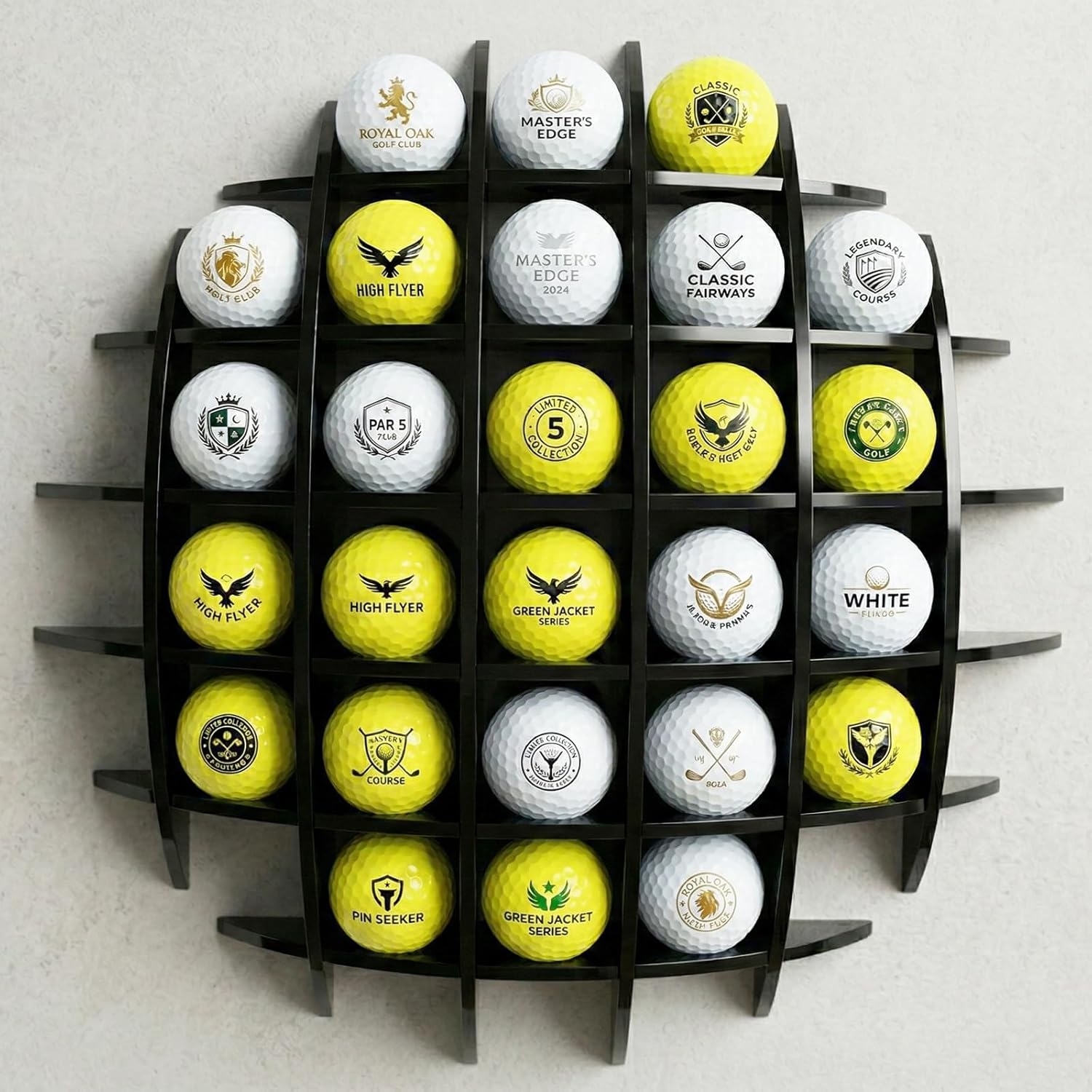 Golf Ball Display Case Wall Mounted - 14x14x4 Premium Black Acrylic Rack Holder for 26 Balls, 5mm Extra Thick Durable Golf Ball Organizer Cabinet for Home & Office