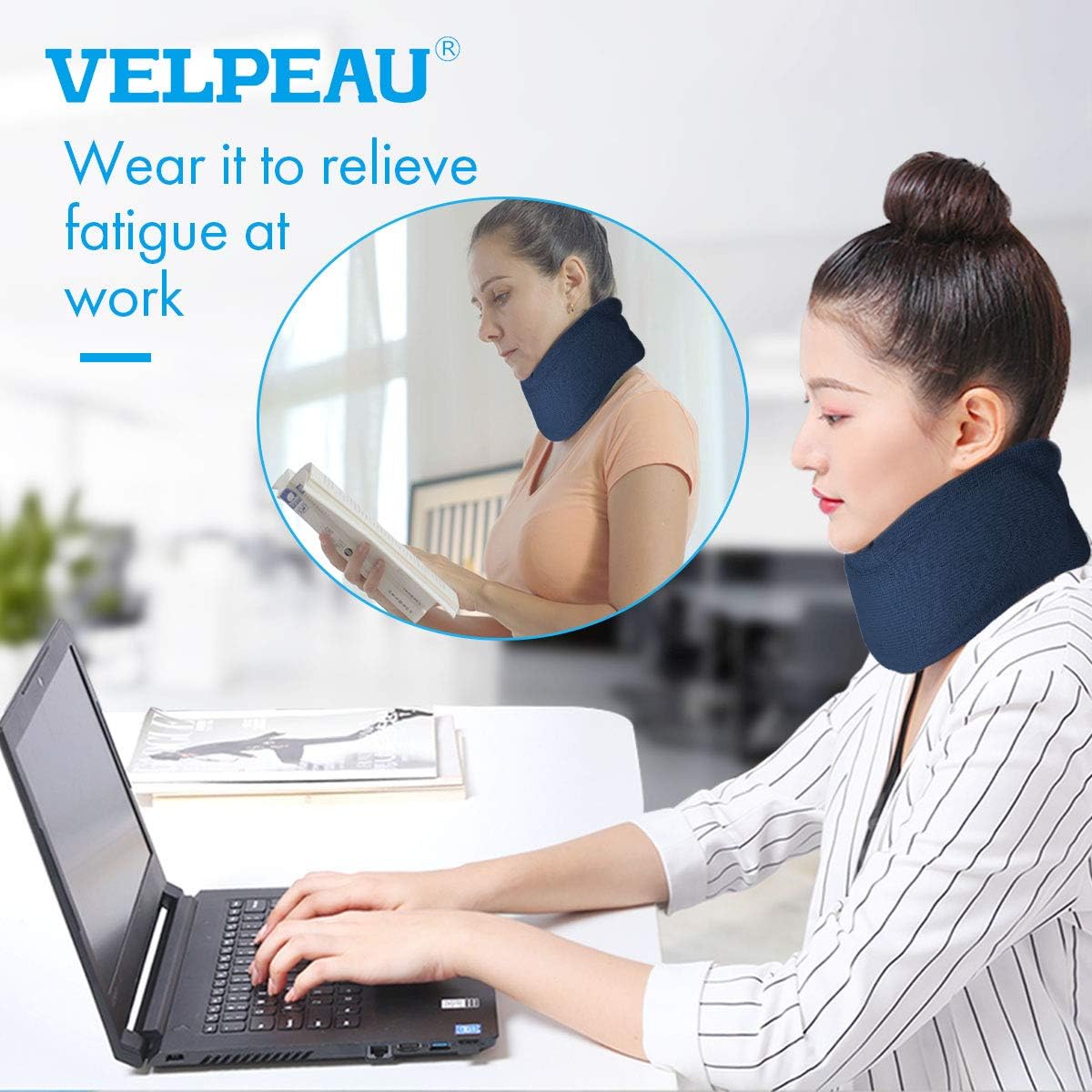 VELPEAU Neck Brace -Foam Cervical Collar - Soft Neck Support Relieves Pain & Pressure in Spine - Wraps Aligns Stabilizes Vertebrae - Can Be Used During Sleep (Enhanced, Blue, Large, 3.3″) : Health & Household