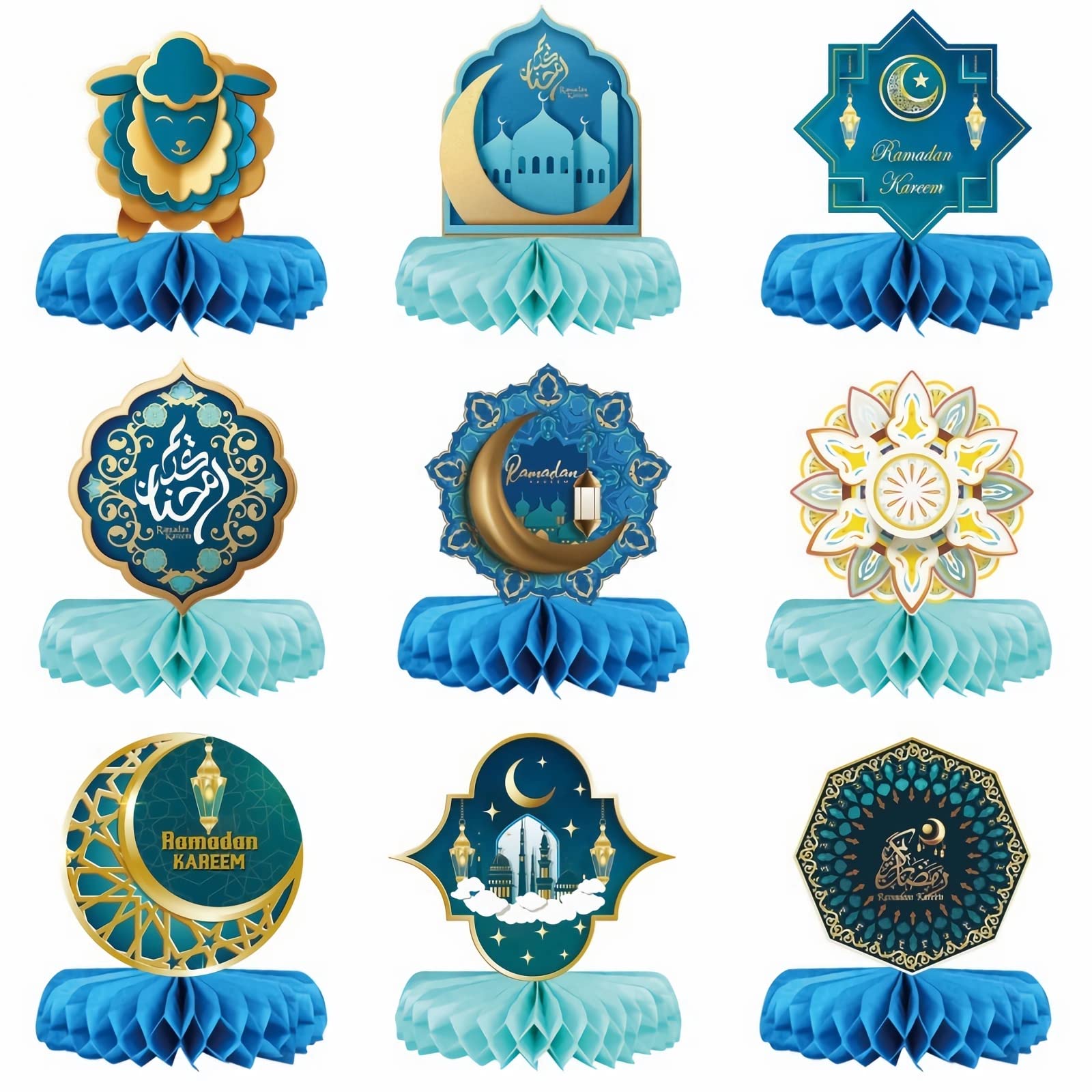 EVCRIERH 9 Pcs Eid Mubarak 3D Honeycomb Centerpieces,Ramadan Honeycomb Paper Table Toppers Decor,Honeycomb Table Ornament for Muslim Eid Al Fitr Party Supplies Home Decor
