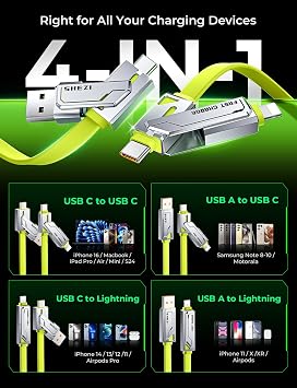 SHEZI 2 Pack Cable Bundle, 4 in 1 240W USB C Cable(Gold) with 4 in 1 USB C Cable 240W 5FT(Green) Bundle