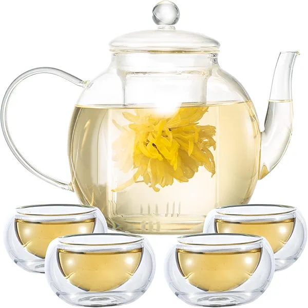 Glass Teapot Set with 4 Teacups, 1500 ml/50 oz Tea Pot with Infusers for Loose Tea and Flower Tea, Stovetop and Microwave Safe Borosilicate Glass Tea Kettle, Mothers Day Gifts 1500ml\50oz wi