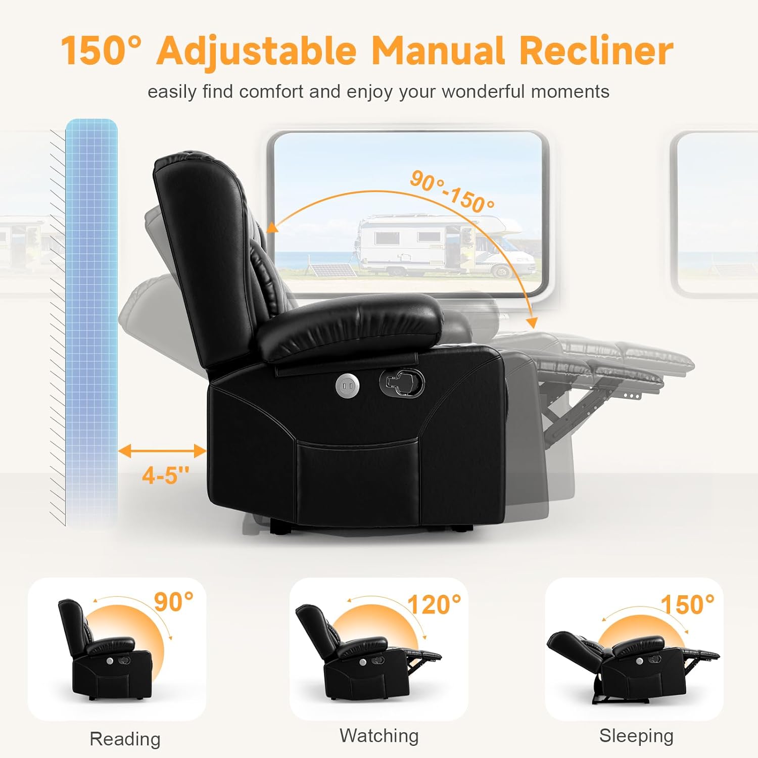 RV Loveseat Recliner Sofa, Wall Hugger Reclining Loveseat RV Couch with USB Ports, Large Pockets, Cup Holders, 150° Adjustable RV Recliners Furniture for Travel Trailers & Home Theater Seating