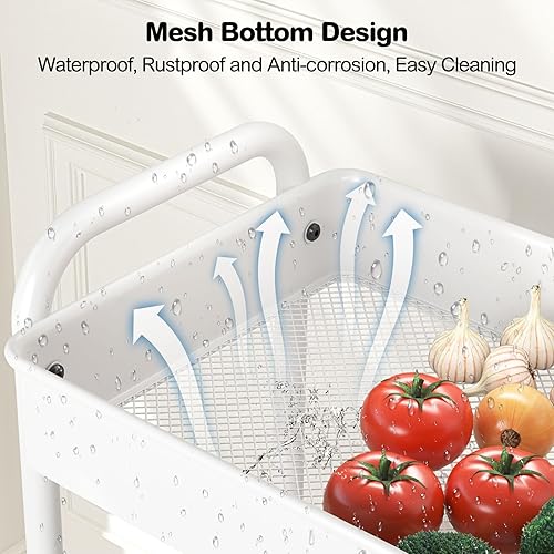 Miniatura 5 de YASONIC Carrito con ruedas de 3 niveles, carrito utilitario de metal con ruedas, organizador de almacenamiento mejorado con tazas y ganchos