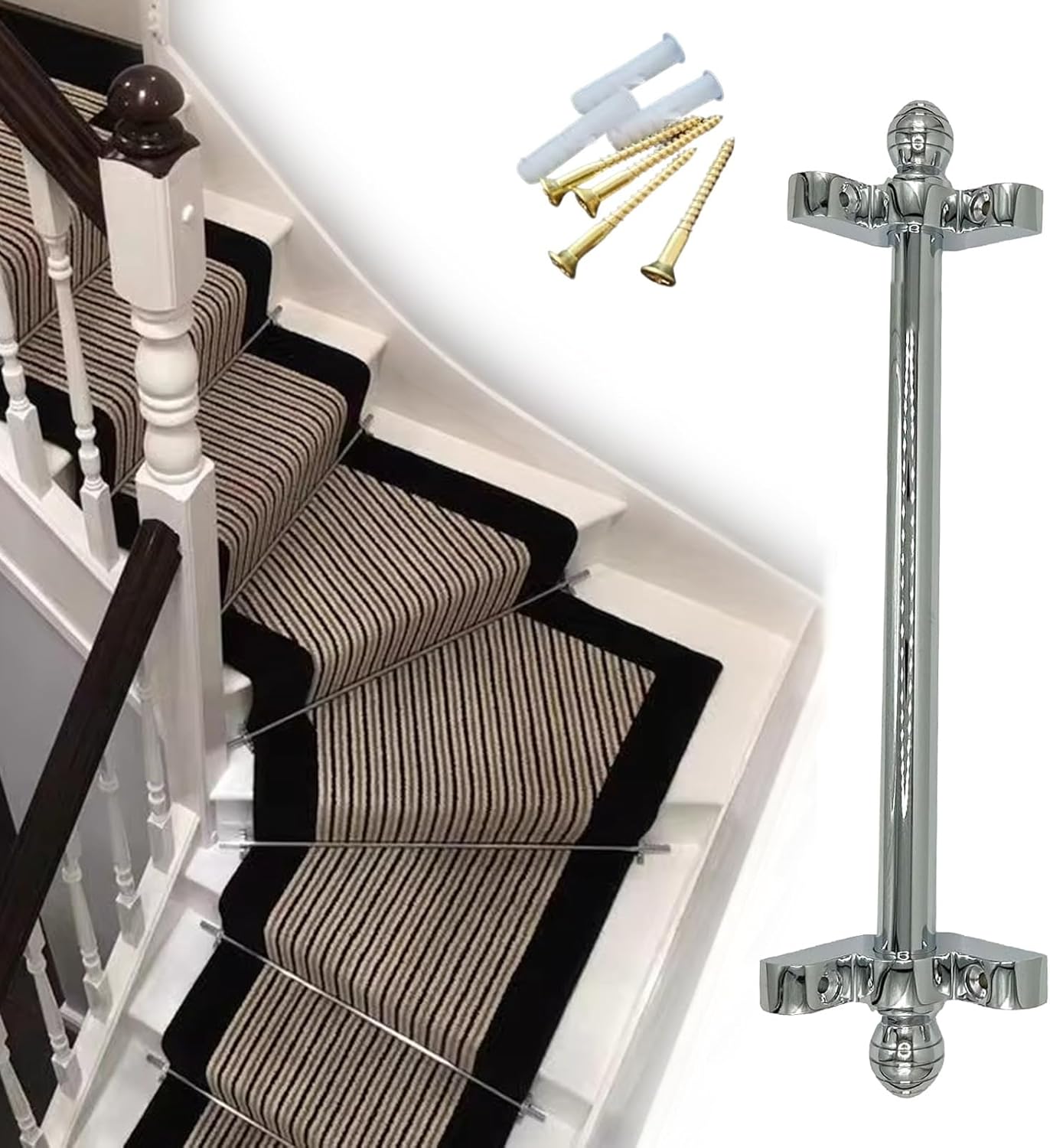 ZAQYCM Silver Staircase Runner Rods for Fixed Stair Carpet, Metal Brass Straight/Curved Stair Retaining Rod with Finials Brackets & Fittings, Easy to Install and Cut(18 Pcs,34in/86cm)