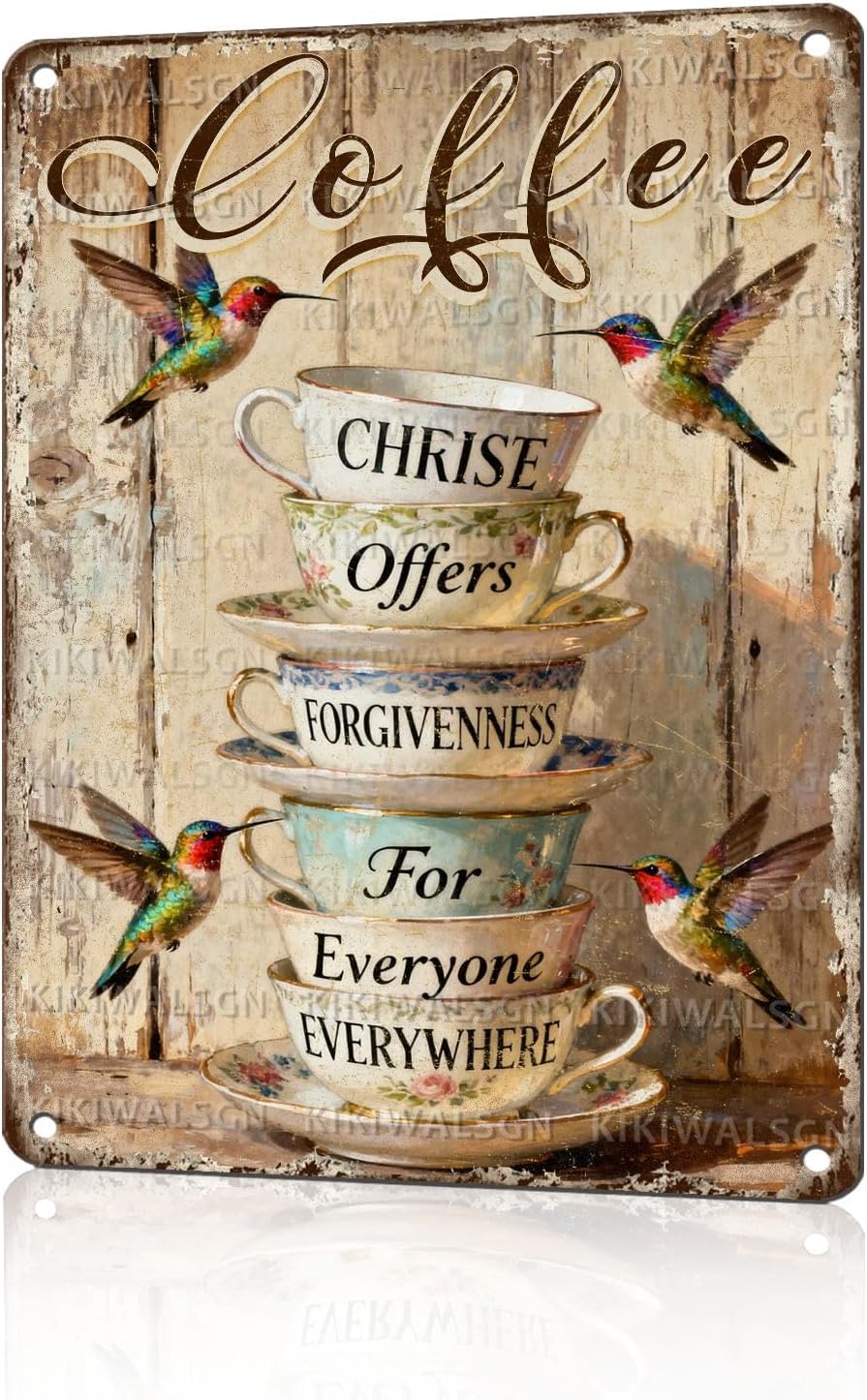 Vintage Coffee Tin Sign Christ Offers Forgiveness for Everyone Everywhere Retro Hummer Metal Poster Rustic Nostalgic Metal Sign Wall Decor for Home Cafe Kitchen Bar Living Room 16 * 12 in