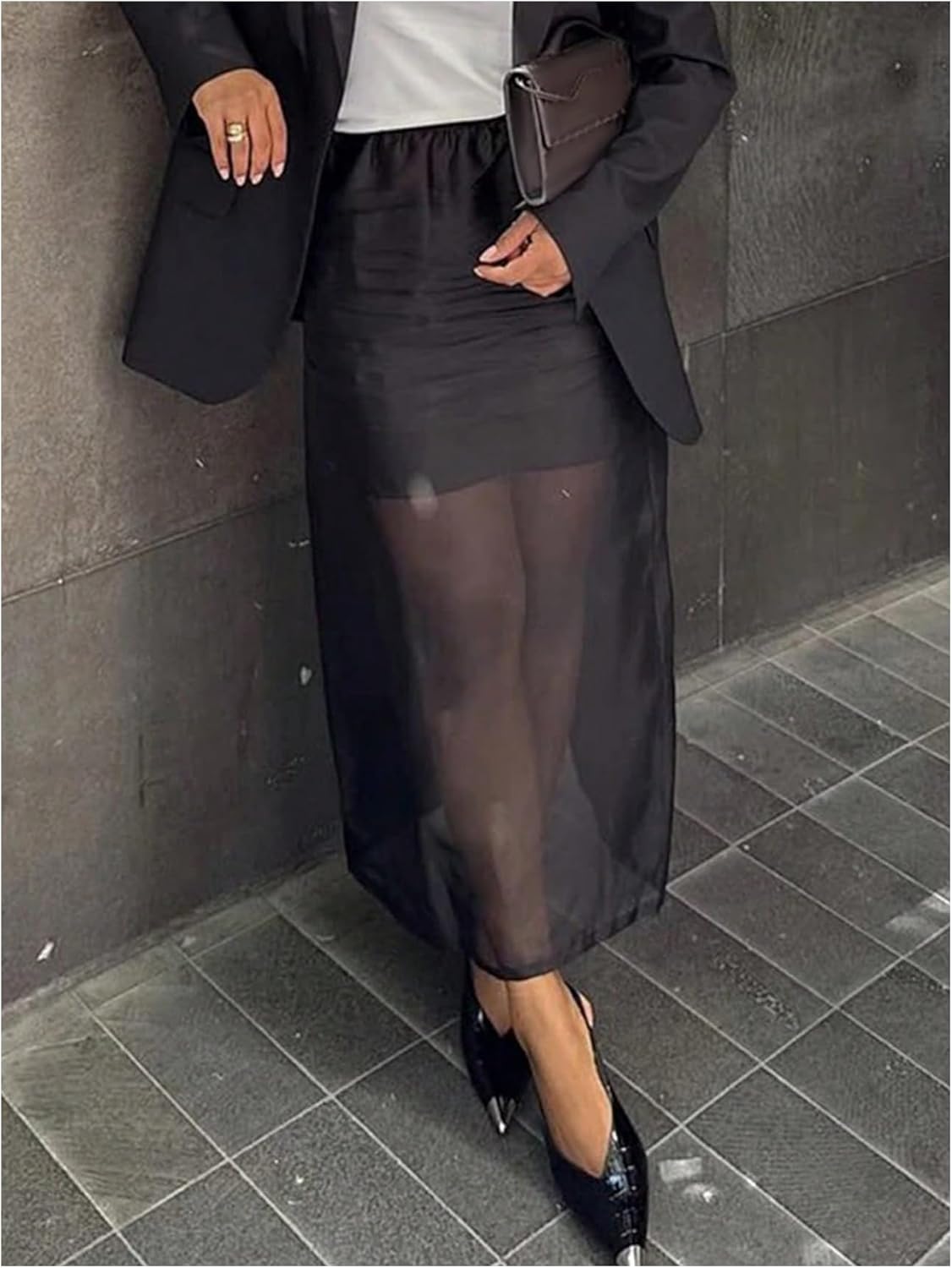 GORGLITTER Women's Mesh Maxi Skirt Back Slit High Waist Elegant Long Skirts Business Casual Outfits - Image 3