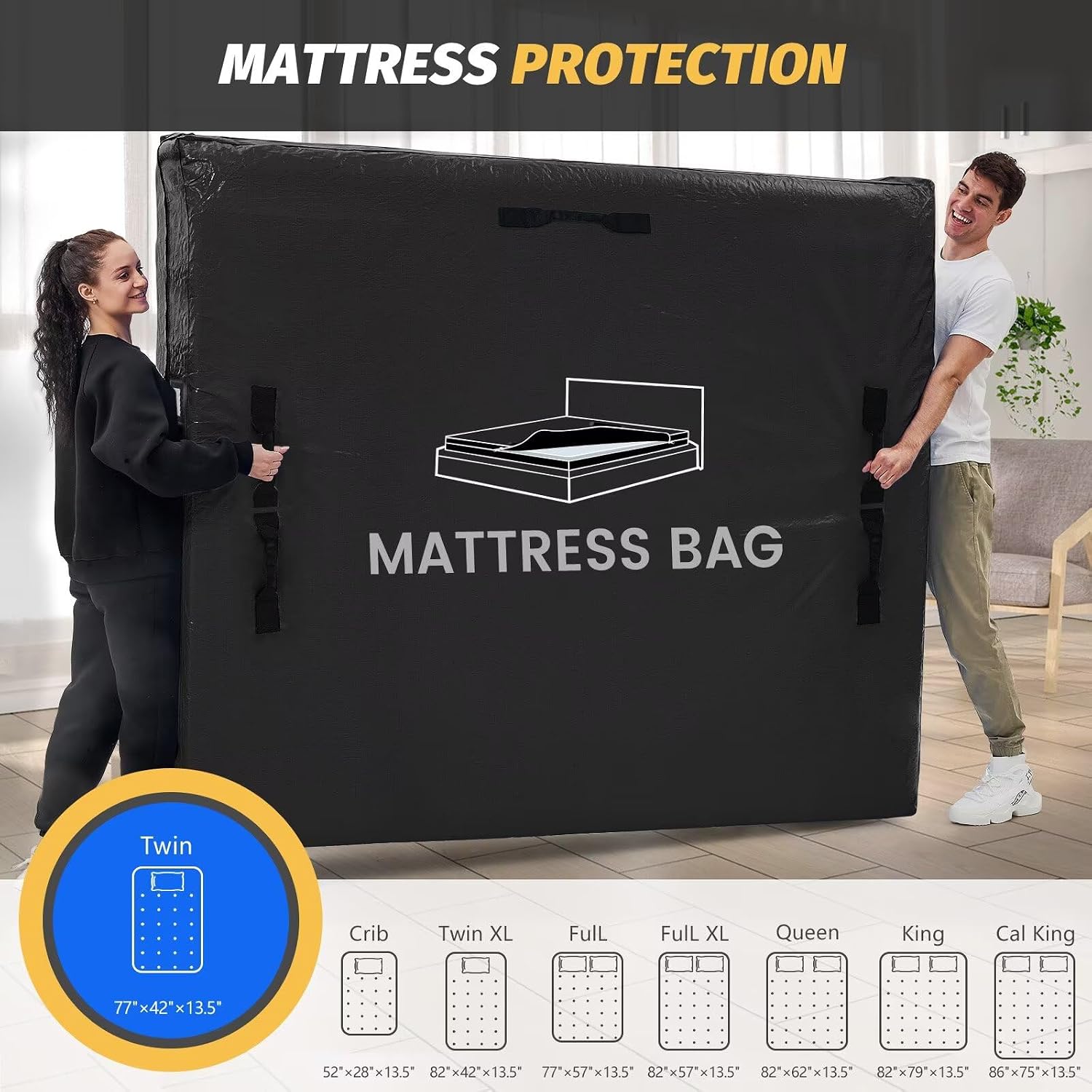 Mattress Bags for Moving and Storage, BETU Twin Mattress Protector Waterproof Mattress Cover with 8 Heavy Duty Handles and Zipper Extra Thick Moving Supplies for Dorm (2 Pack:77x42x13.5 Black)